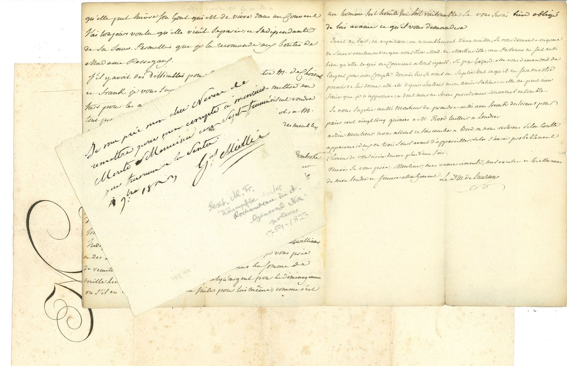MISCELLANEOUS. About 90 letters or pieces, most of them L.A.S., 16th-20th century.

Louis-Antoine duc d'Angoulême (1801), F. Bacciocchi, Jules Barthélemy-Saint-Hilaire, Bertall, Marcellin Berthelot, Louis-Gustave Binger, F. du Boisgobey, Adrian Tiercelin s. de Brosses (1580), Elme Caro, Rose Caron, J.B. de Champagny, Camille Chautemps, Henry Chéron, Léon Daudet, Émile Faguet, Frédéric Febvre, Ch. de Freycinet, Henri Gouraud, Emmanuel Grouchy, gal Abel Guillot, Eugène Haussmann, Adrien Hébrard, Édouard Herriot, Ernest d'Hervilly, Gustave Larroumet (4), Armand-Louis de Gontaut-Biron duc de Lauzun (to Perregaux, Brest 1780), Louis Loucheur, Louis XIII (secretary), Louis XV (secretary, 2), Maurice Maunoury (doc. concerning him), Pierre Messmer, gal Alexandre Miollis, Noël-Barthélemy Monvel (13), Gabriel-François Moreau (bishop of Vence, 1763), Prince Napoleon (Victor), Henri d'Orléans, Raoul Péret, Henriette Poincaré, Joseph-Napoléon Primoli, A. de Saint-Arnaud, Saint-René Taillandier, Albert Sarraut, André Tardieu, Émile Wetterlé (drawings), etc.