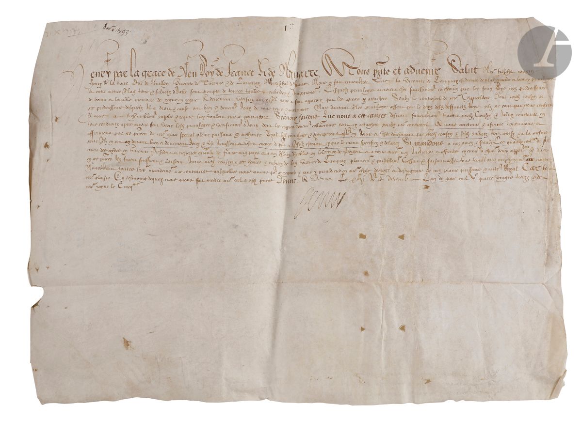 HENRI IV (1553-1610). P.S., Vernon 17 décembre 1593 ; vélin oblong in-fol., liassé avec 2 autres, sceau de cire brune aux armes joint.

Confirmation des privilèges fiscaux de la vicomté de Lanquay appartenant à Henry de La Tour, duc de Bouillon, vicomte de Turenne et de Langres, maréchal de France, « et entre autres que lad. terre & subjetz d’icelle sont exempts de toutes tailles, subsides et impositions, lesquelz privileges auroient esté successivement confirmez par les feuz Roys noz predecesseurs de bonne et louable mémoire de regne en regne »… Pièce liassée avec deux autres lettres patentes confirmant ces privilèges (Blois 6 septembre 1599, et Paris 28 octobre 1599, cette dernière avec fragment de sceau). On joint un mandement au trésorier et receveur général des finances extraordinaires et parties casuelles, ordonnant de recevoir et endosser deux rescriptions du trésorier de l’Épargne, en attendant le prix d’offices nouvellement créés de « jaugeurs de vaisseaux a mettre vin et autres brevages », 20 juin 1596, signé par Martin Ruzé de Beaulieu.