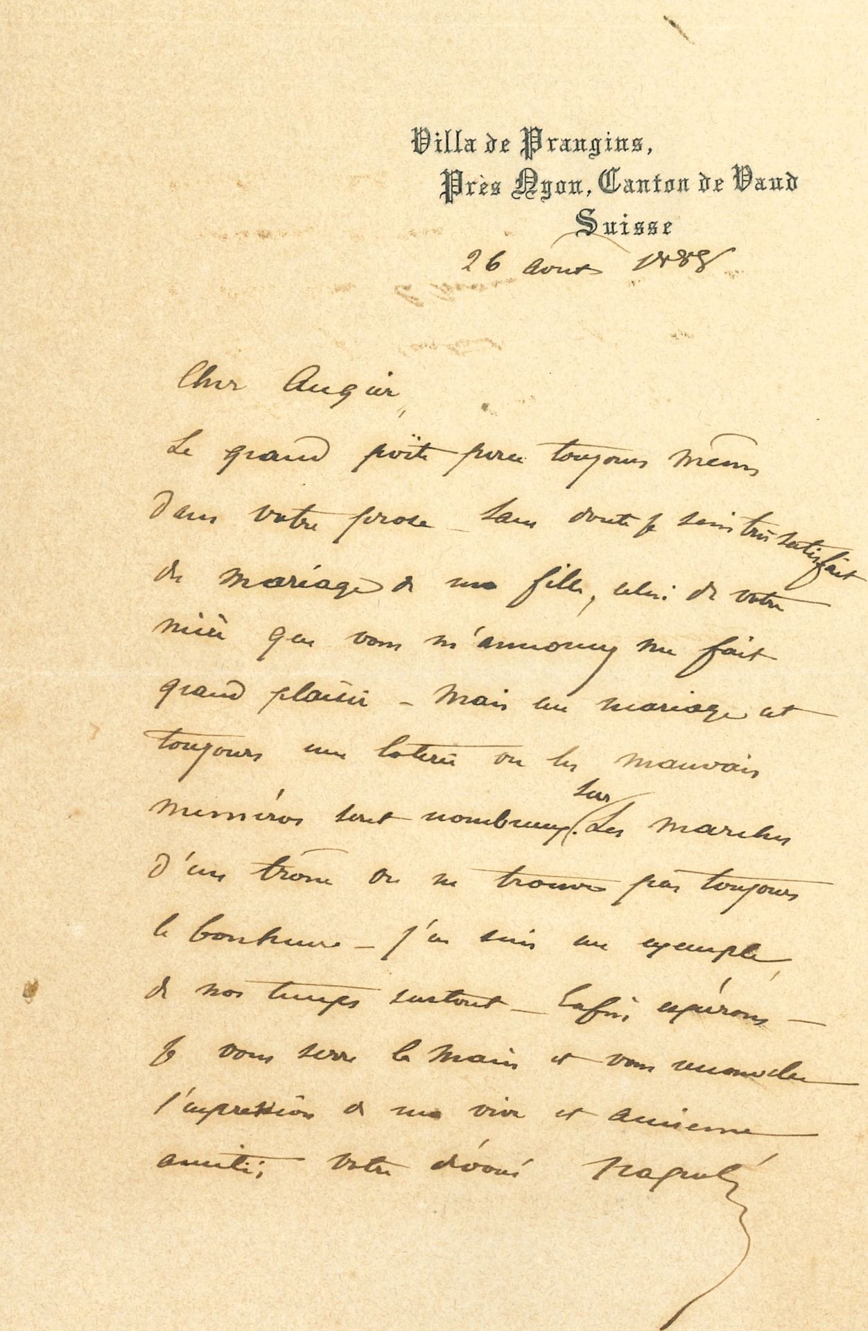 Napoléon BONAPARTE, dit le Prince NAPOLÉON (1822-1891). 2 L.A.S. ; 1 page et demie et 1 page in-8.

Florence 20 avril (1847], transmettant la pétition de son père aux Chambres, pour rentrer en France. ...« Le rapporteur des pétitions de 1845, le député patriote qui a été si bienveillant il y a deux ans, voudra bien aujourd’hui encore protéger et defendre notre cause avec toute l’énergie et le talent de ses brillantes paroles [...] il est si rare de ne pas être oublié dans l’exil »... Prangins 26 août 1888, à Émile Augier, pour annoncer le mariage de sa fille : « un mariage est toujours une loterie ou les mauvais numéros sont nombreux »...
On joint une photographie (par Bacard fils), une invitation (1870), une carte de visite, et un extrait du procès-verbal de la séance du 24 mai 1850 de l’Assemblée Nationale où il a été censuré pour avoir interrompu le discours de Thiers ; une L.A.S.
de sa femme MARIE-CLOTILDE, 14 juin 1864, à la maréchale Pélissier, duchesse de Malakoff ; 2 L.A.S. de son fils NAPOLÉON, Bruxelles 26 novembre 1898 et 19 octobre 1900, à une Altesse Impériale, sur le mariage de la Grande Duchesse Hélène et les fiançailles de son frère Henri de Mecklembourg, avec la Reine des Pays-Bas.