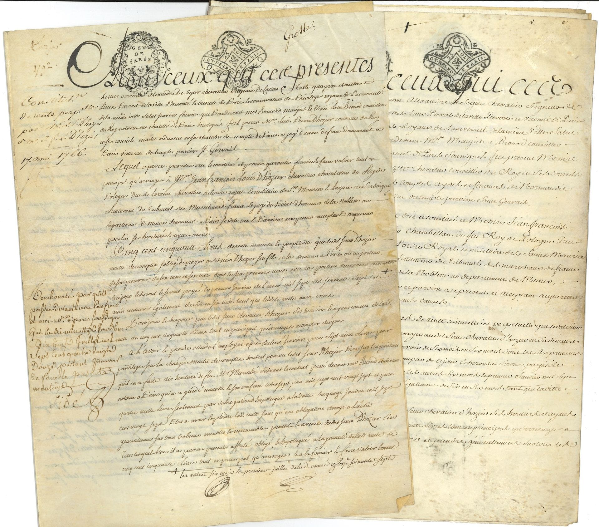Jean-François-Louis d’HOZIER DE BEAUDEMONT (né en 1733) fils de Louis-Pierre d’Hozier, gentilhomme du Roi de Pologne. 3 documents.

Constitution de rente en sa faveur par son père, 1766. Constitution de rente en sa faveur par son frère Denis-Louis, 1766. Achat d’une maison, 1802.