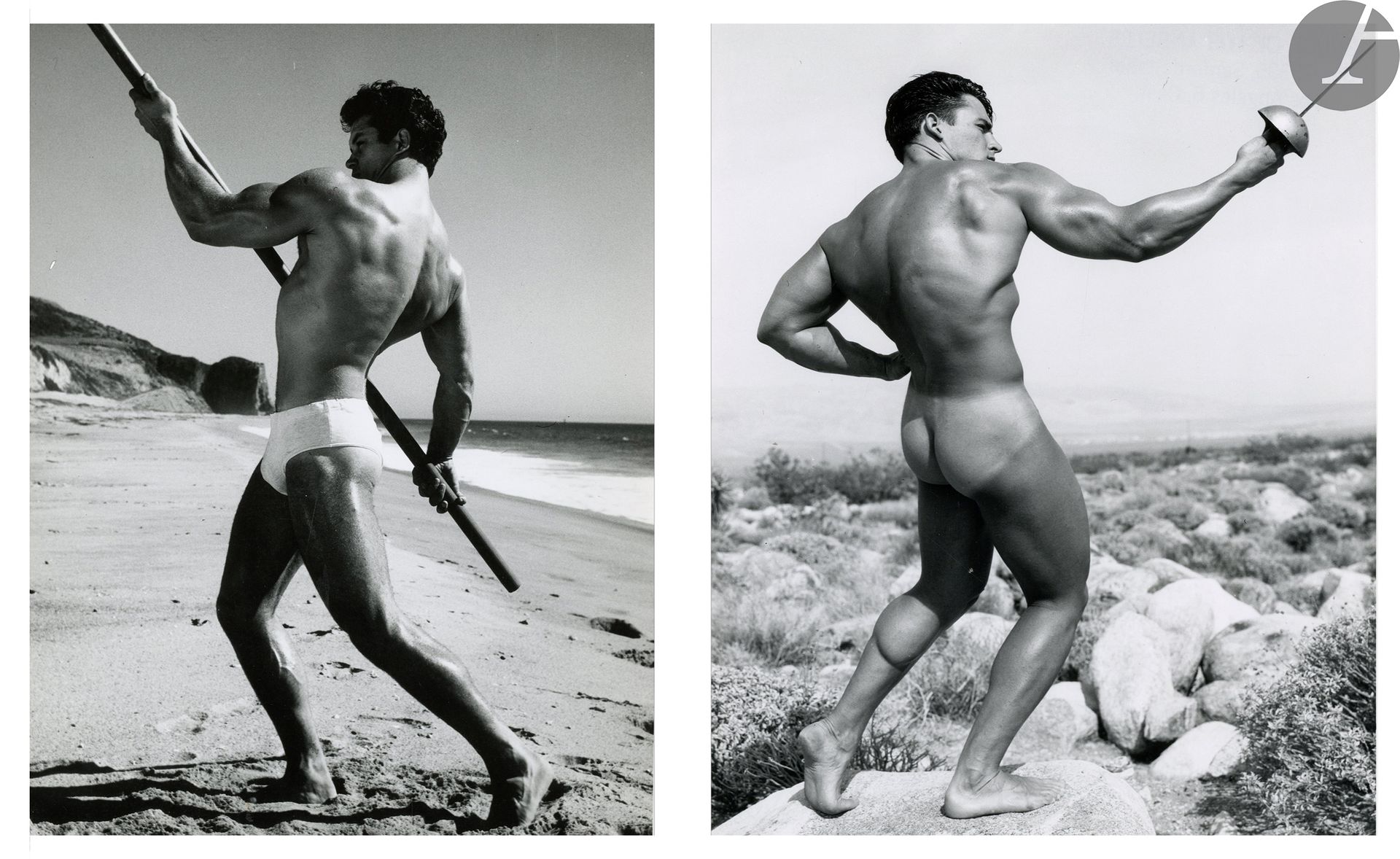 Bruce Bellas, dit Bruce of Los Angeles  (1909-1974) 
Nus masculins, c. 1960. 
Jim Smith à l’épée. Bill Melby à la perche. 
Deux (2) épreuves argentiques d’époque. Tampons du photographe et annotations manuscrites aux versos. 
Format moyen : 25,5 x 20 cm avec marges

Bruce Bellas, known as Bruce of Los Angeles (1909-1974) 
Male Nudes, c. 1960. 
Jim Smith with a sword. Bill Melby with a pole vault. 
Two vintage gelatin silver prints. Photographer's stamps and handwritten annotations on versos. 
Average size : 25,5 x 20 cm within margins