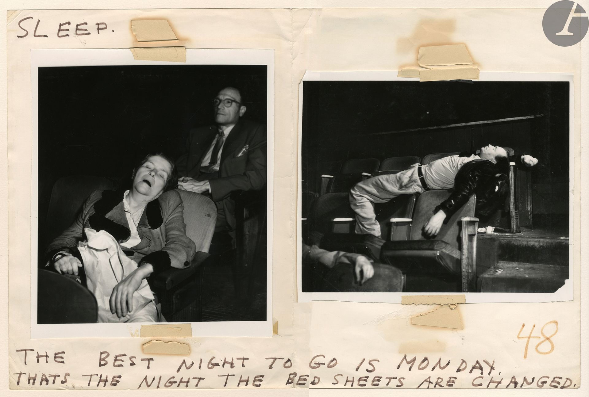 Weegee (Arthur Fellig, dit) (1899-1968)
Movie Theater. New York, 1943-1950. 
Deux (2) épreuves argentiques d’époque, montées sur page de maquette, annotée par Weegee « Sleep. The best night to go is Monday. That’s the night the bed sheets are changed ». Tampon « A P.I.P. Photo by » aux versos des épreuves. Annotation manuscrite « Movie Theatre » et numéros « 48 » au verso du feuillet.
Images : 20,3 x 18,3 et 16,8 x 21,1 cm
Feuilles : 23 x 19,3 et 18,3 x 21,8 cm

Bibliographie : 
Diana Ramirez Jasso, The Aesthetics of Concealment: Weegee in the Movie Theater (1943-1950), Master of Science in Architecture Studies at the Massachusetts Institute of Technology, Septembre 2002.

Durant la seconde partie des années 1940, Weegee réalise une série d’images dans les cinémas new-yorkais en utilisant des pellicules sensibles au rayonnement infrarouge. Exploiter cette partie du spectre lumineux, invisible pour l’œil humain mais imprimant la surface photographique, permet la prise de vue dans un contexte de faible luminosité. Le photographe surprend ainsi des scènes et des comportements, normalement impossibles à discerner dans l’obscurité de la salle. Que ce soit avec le flash, dont il se servait sur les scènes de crimes, ou comme ici, à l’aide de films spécifiques, Weegee donne à voir ce qui est généralement soustrait au regard.

Weegee (Arthur Fellig) (1899-1968)
Movie Theater. New York, 1943-1950. 
Two vintage gelatin silver prints, mounted on a master page, annotated by Weegee "Sleep. The best night to go is Monday. That's the night the bed sheets are changed". Stamp "A P.I.P. Photo by" on versos of the prints. Handwritten annotation "Movie Theatre" and numbers "48" on verso of sheet.
Images: 20.3 x 18.3 and 16.8 x 21.1 cm
Papers: 23 x 19.3 and 18.3 x 21.8 cm