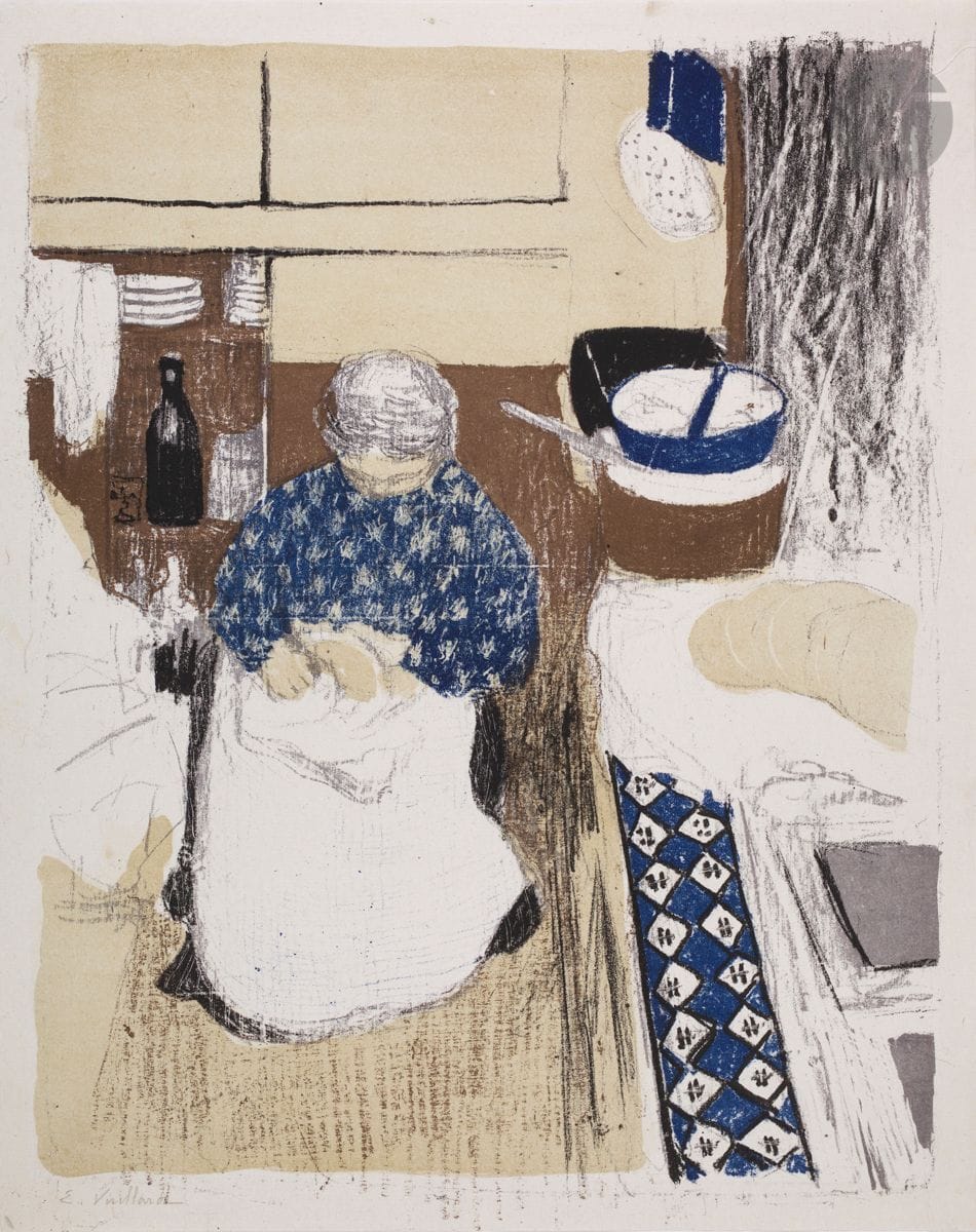 *Édouard Vuillard (1868-1940)
La Cuisinière. (Pl. pour Paysages et intérieurs). 1899. Lithographie. 270 x 355 [292 x 370]. Roger-Marx 42 ; Johnson 155-11. Impression en couleurs. Très belle épreuve sur chine volant, annotée au crayon sous le sujet en bas à gauche : « E. Vuillard ». Petites traces de plis dans l’angle inférieur droit. Toutes marges. Tirage à 100 épreuves. A. Vollard éd. 


Tous les lots de cette vente sont soumis à 5,5 % de frais additionnels au titre de la taxe à l’importation temporaire.
En cas de réexportation en dehors de l’Union Européenne, ces frais pourront faire l’objet d’un remboursement à l’acquéreur.