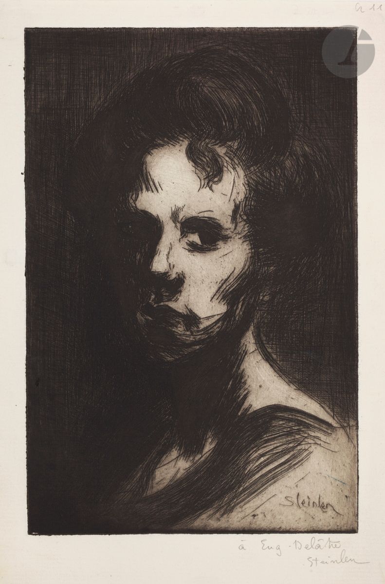 *THEOPHILE ALEXANDRE STEINLEN (1859-1923
)Head of a woman (1st plate). 1898. Etching and drypoint on zinc. 146 x 226 [175 x 276]. Crauzat 11. Very nice proof printed on cream laid paper, dedicated " à Eug. Delâtre" and signed in pencil. Small traces of glue and remnants of mounting tabs at the edges of the folio on the reverse side. Small normal margins. Very rare. Edition of 3 proofs (besides a proof of the 1st state before the engraved signature). 
Provenance: Former Pierre Cailler collection (1901-1971, Geneva). 

All lots in this sale are subject to an additional 5.5% temporary import tax.
In the event of re-exportation outside the European Union, these charges may be refunded to the buyer.




