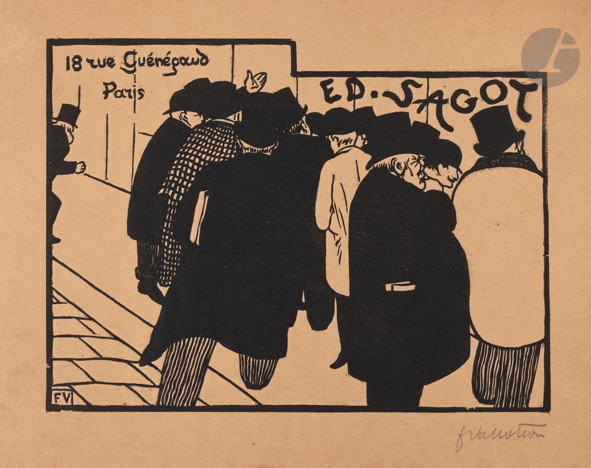 *FÉLIX VALLOTTON (1865-1925)
Les Amateurs d’estampes. (Carte-adresse pour Edmond Sagot). 1892. Bois gravé. 250 x 185 [323 x 246]. Vallotton et Goerg 107 a. Belle épreuve sur vélin chamois, signée au crayon. Légère oxydation du feuillet. Petit manque dans l’angle supérieur droit. Petite auréole d’humidité au centre en pied. Toutes marges. 


Tous les lots de cette vente sont soumis à 5,5 % de frais additionnels au titre de la taxe à l’importation temporaire.
En cas de réexportation en dehors de l’Union Européenne, ces frais pourront faire l’objet d’un remboursement à l’acquéreur.