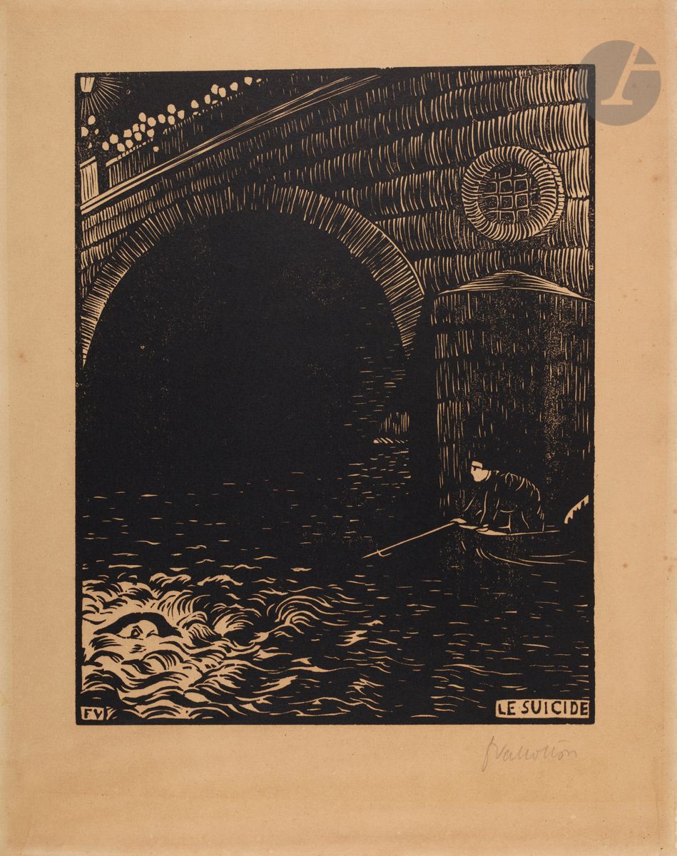 *FÉLIX VALLOTTON (1865-1925)
Le Suicide. 1894. Bois gravé. 177 x 225 [235 x 300]. Vallotton et Goerg 143 b. Très belle épreuve sur vélin chamois, signée au crayon. Légère oxydation du feuillet. Infimes rousseurs éparses. Toutes marges. 


Tous les lots de cette vente sont soumis à 5,5 % de frais additionnels au titre de la taxe à l’importation temporaire.
En cas de réexportation en dehors de l’Union Européenne, ces frais pourront faire l’objet d’un remboursement à l’acquéreur.