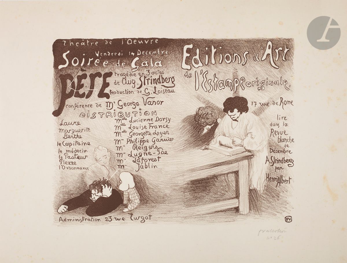 *FÉLIX VALLOTTON (1865-1925)
Soirée de Gala / Père tragédie en 3 actes de Aug. Strindberg… / Editions d’Art de l’Estampe originale… Programme pour le théâtre de l’œuvre. 1894. Lithographie. 320 x 245 [460 x 350]. Vallotton et Goerg 53 b ; Aitken 68. Très belle épreuve du tirage de luxe en brun sur vélin glacé ivoire, signée et numérotée au crayon. Rousseurs claires éparses, notamment en marge droite. Toutes marges. 
Père de Strindberg fut donnée le 13 décembre 1894 au Nouveau Théâtre. 
« Pour la création à L’œuvre de la pièce de Strindberg, Lugné-Poe confie l’illustration du programme à Félix Vallotton. Une publicité pour les Éditions d’art de l’Estampe originale de Marty y occupe une place importante. Sans rupture brutale avec elle, le dessin ‘explicatif’ de la pièce est relégué en bas dans l’angle gauche. 
Vallotton semble plus s’intéresser à l’aspect ‘pictural ‘ qu’au contenu littéraire. Il se borne à rappeler le sujet général, le refus de Pierre, le soldat, d’épouser une servante après l’avoir rendue mère. À la suite de Strindberg, Vallotton transpose le thème de la reconnaissance de paternité et pour concrétiser cette idée nous propose l’image pyramidale de la famille. Il oppose à la masse sombre de Pierre, à son attitude outrée et à ses traits expressifs, le buste esquissé de la femme, sa douceur et sa relation avec l’enfant. » (Geneviève Aitken, Artistes et Théâtres d’Avant-Garde. Programmes de théâtre illustrés Paris 1890-1900. Paris, Promédia, 1991, n° 68). 

Tous les lots de cette vente sont soumis à 5,5 % de frais additionnels au titre de la taxe à l’importation temporaire.
En cas de réexportation en dehors de l’Union Européenne, ces frais pourront faire l’objet d’un remboursement à l’acquéreur.