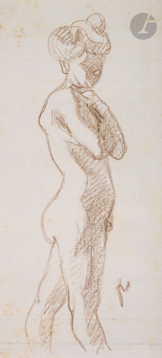 *FÉLIX VALLOTTON (1865-1925)
Nu en pied. Dessin au crayon brun sur vergé ancien provenant d’un ancien registre. [110 x 230]. Signé du monogramme en bas à droite. Quelques petites rousseurs claires. 


Tous les lots de cette vente sont soumis à 5,5 % de frais additionnels au titre de la taxe à l’importation temporaire.
En cas de réexportation en dehors de l’Union Européenne, ces frais pourront faire l’objet d’un remboursement à l’acquéreur.