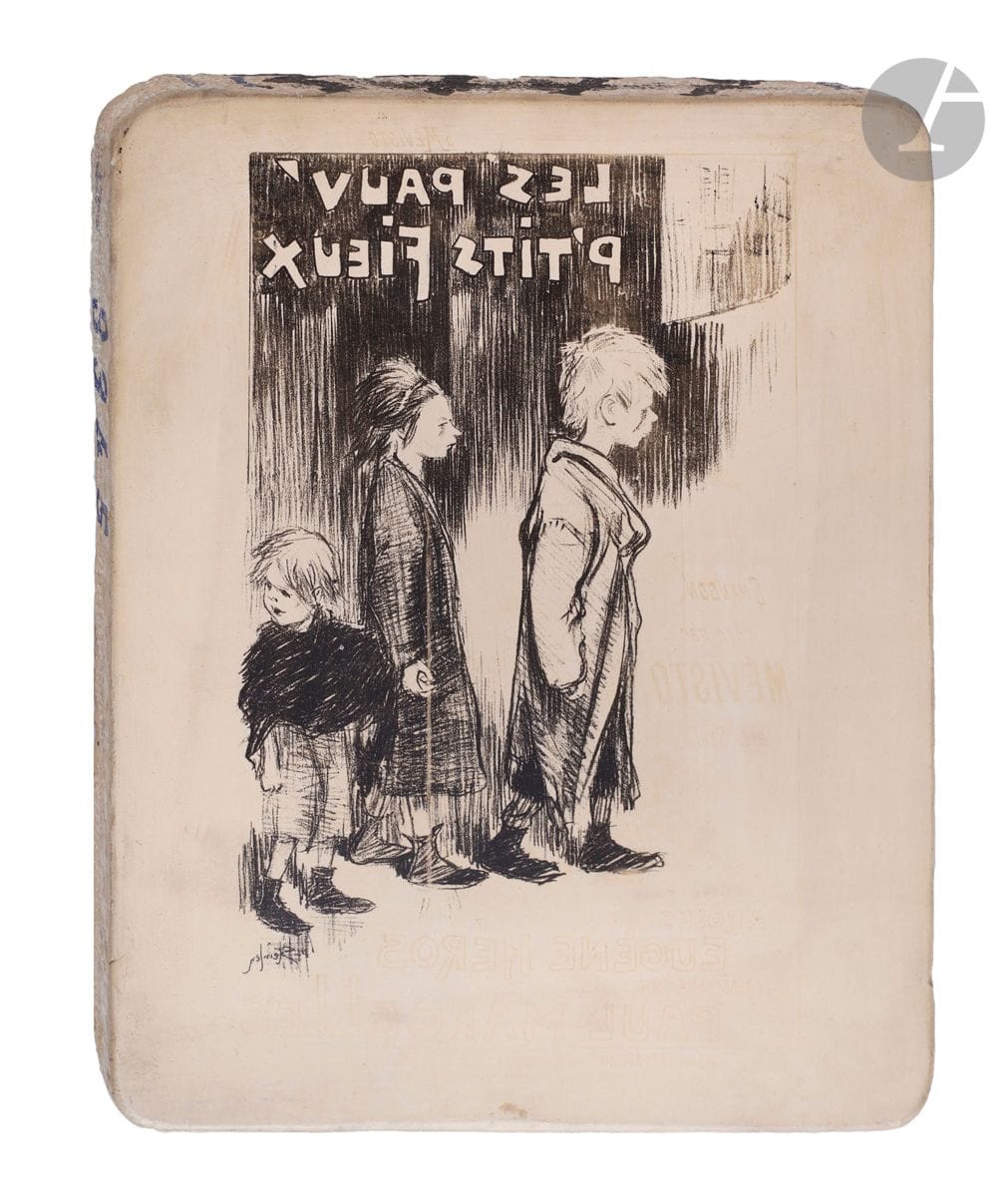 *THÉOPHILE ALEXANDRE STEINLEN (1859-1923)
Les Pauv’ P’tits Fieux. 1892. Pierre lithographique. 245 x 300 x 35. Poids : 6,5 kg.
Crauzat 407. Signée en bas à gauche à l’envers sous le sujet. Dans le blanc à droite, trace d’une lettre non encrée : « Chanson / créée par / Mévisto / Paroles de / Eugène Héros / Musique de / Paul Marcelles… » Sur la tranche, numéro « 3345 » en bleu. 


Tous les lots de cette vente sont soumis à 5,5 % de frais additionnels au titre de la taxe à l’importation temporaire.
En cas de réexportation en dehors de l’Union Européenne, ces frais pourront faire l’objet d’un remboursement à l’acquéreur.