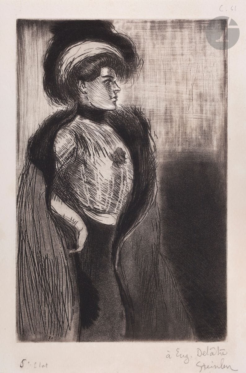 *THÉOPHILE ALEXANDRE STEINLEN (1859-1923)
Femme au boa. 1902. Eau-forte, pointe sèche et aquatinte sur zinc. 145 x 225 [175 x 265]. Crauzat 61. Très belle épreuve sur vergé crème, dédicacée « à Eug. Delâtre » et signée au crayon, annotée à gauche « 5e état » (définitif). Petites marges normales. Très rare. Tirage à 2 épreuves de cet état (outre 1 à 5 épreuves de chaque état). 


Tous les lots de cette vente sont soumis à 5,5 % de frais additionnels au titre de la taxe à l’importation temporaire.
En cas de réexportation en dehors de l’Union Européenne, ces frais pourront faire l’objet d’un remboursement à l’acquéreur.