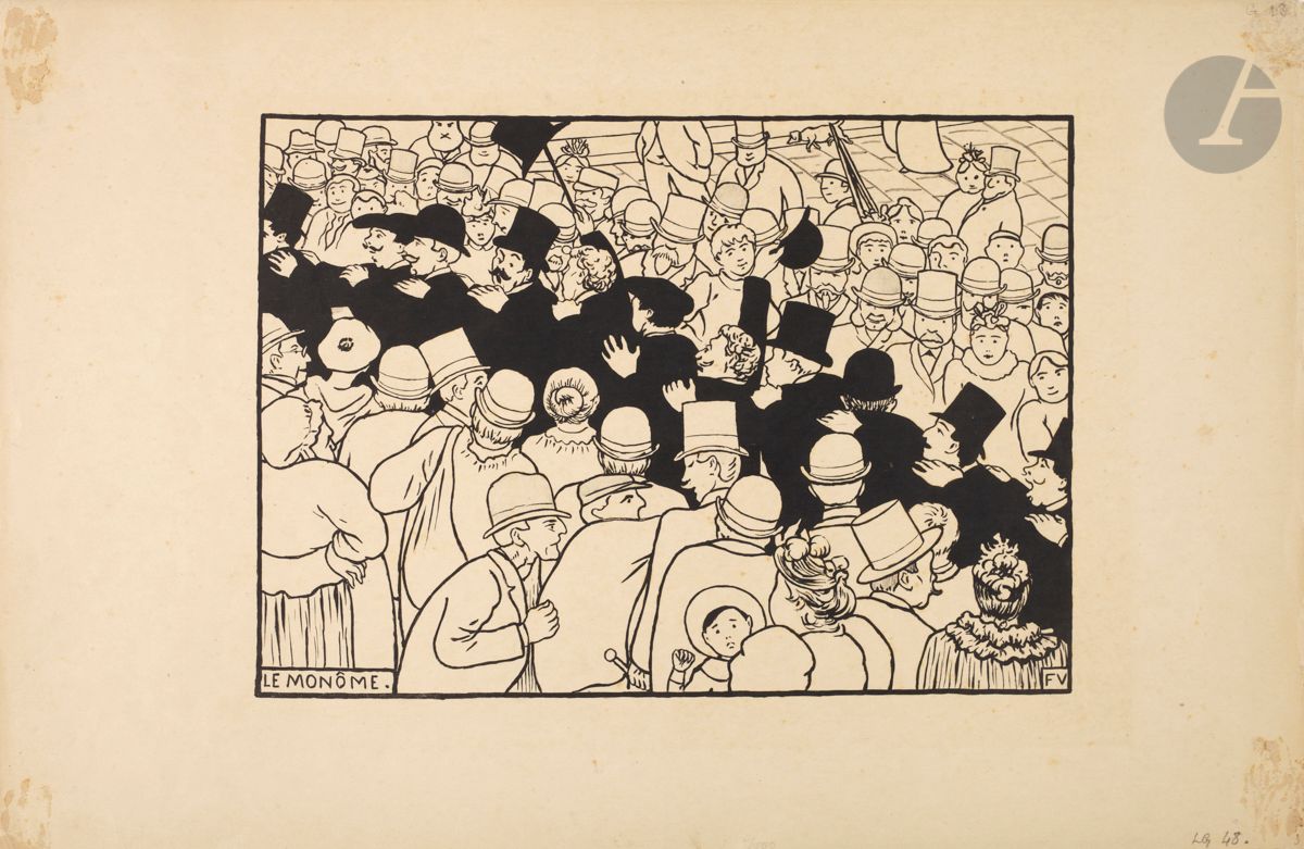 *FÉLIX VALLOTTON (1865-1925)
Le Monôme. (Pl. pour l’album Paris intense). 1893. Zincographie. 310 x 220 [500 x 325]. Vallotton et Goerg 49 c. Très belle épreuve sur simili-japon fort ivoire. Fortes traces de colle dans les angles au recto. Quelques infimes rousseurs. Toutes marges. Ex-coll. H. M. Petiet (Lugt 5031).


Tous les lots de cette vente sont soumis à 5,5 % de frais additionnels au titre de la taxe à l’importation temporaire.
En cas de réexportation en dehors de l’Union Européenne, ces frais pourront faire l’objet d’un remboursement à l’acquéreur.
