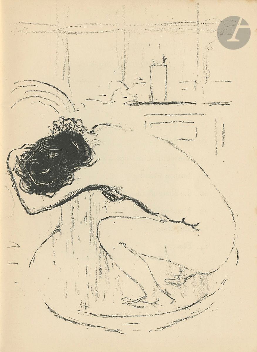*P. Bonnard ; M. Denis ; H.-G. Ibels ; H. de Toulouse-Lautrec ; F. Vallotton ; Éd. Vuillard et al.
Exposition de la « Dépêche » de Toulouse. Catalogue illustré de 17 lithographies originales. Un vol. in-8 [137 x 184] broché. Catalogue de l’exposition ouverte le 15 mai 1894 dans les salons de la « Dépêche », illustré de lithographies originales en regard des nom et adresse de chaque artiste et de la liste de leurs œuvres exposées. Rousseurs claires éparses, notamment sur la couverture et sur la tranche. Très rare. 
En 1894, le journal La Dépêche exposa à Toulouse plusieurs des tableaux présentés au Salon des indépendants ; parmi eux les peintres Louis Anquetin, Pierre Bonnard, Maurice Denis, Henri-Gabriel Ibels, Hermann-Paul, Achille Laugé, Maxime Maufra, Ker-Xavier Roussel, Paul Sérusier, Henri de Toulouse-Lautrec, Félix Vallotton et Édouard Vuillard. L’exposition fit l’objet d’un petit catalogue pour lequel chacun des peintres fournit une lithographie illustrant la section le concernant. 
Détail des planches :
L. Anquetin. L’Arrivée (I.F.F. non décrit)
P. Bonnard. Le Tub (Bouvet 29) 
M. Denis. La Dame au jardin d’or (Cailler 80) 
Eug. Grasset. L’Envie (I.F.F. non décrit)
H.-G. Ibels. Une parade (I.F.F. non décrit)
A. Laugé. Tête de femme, profil à droite (I.F.F. non décrit)
M. Maufra. La Pointe de l’Hébullu (Morane 21)
Ch. Maurin. Enfant nue 
Hermann-Paul (René-Georges Hermann, dit). En chemin de fer (I.F.F. non décrit) 
H. Rachou. Capucines et grenouilles
R. Ranft. Petit port de mer
P. Ranson. Conversation sous la lampe (Ranson-Bitker 10)
K.-X. Roussel. Femme dans les bois (Salomon 5) 
P. Sérusier. Femme dans un bois
H. de Toulouse-Lautrec. Danse excentrique (Delteil 67)
F. Vallotton. Le Renseignement (Vallotton et Goerg 52)
Éd. Vuillard. Jeune femme accoudée (Roger-Marx 26). 

Tous les lots de cette vente sont soumis à 5,5 % de frais additionnels au titre de la taxe à l’importation temporaire.
En cas de réexportation en dehors de l’Union Européenne, ces frais pourront faire l’objet d’un remboursement à l’acquéreur.