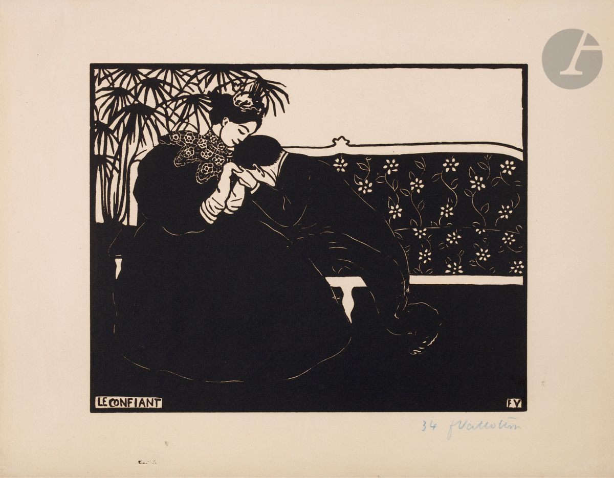 *FÉLIX VALLOTTON (1865-1925)
Le Confiant. 1895. Bois gravé. 222 x 178 [320 x 250]. Vallotton et Goerg 161 a. Très belle épreuve sur vélin ivoire, numérotée et signée au crayon bleu. Petite décharge d’encre en marge inférieure. Infimes plis souples dans les angles inférieurs. Restes d’onglets de montage en tête au verso. Toutes marges. Tirage à environ 100 épreuves. 


Tous les lots de cette vente sont soumis à 5,5 % de frais additionnels au titre de la taxe à l’importation temporaire.
En cas de réexportation en dehors de l’Union Européenne, ces frais pourront faire l’objet d’un remboursement à l’acquéreur.