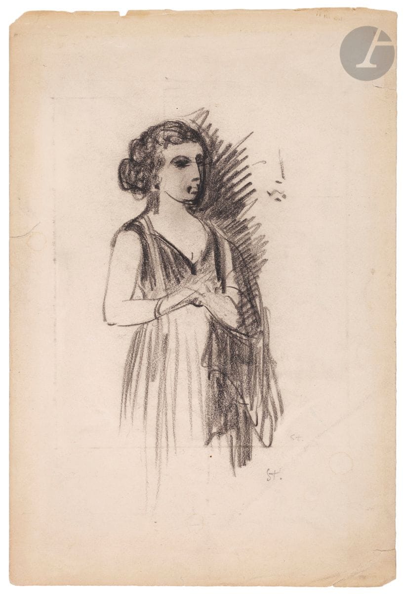 *THEOPHILE ALEXANDRE STEINLEN (1859-1923
)Young woman in evening dress. Black stone drawing on ivory wove paper (fragment of a magazine page with a phototype on the reverse). [200 x 300]. Signed with the initials "St." in the lower right corner. Several snags, small tears and tears at the edges of the sheet. 
Provenance: Galerie du Rhône, Martigny. 
Listed in the archives of Mrs Claude Orset and Elisabeth Maréchaux-Laurentin for the publication of the catalog raisonné of the work of Théophile Alexandre Steinlen. 

All lots in this sale are subject to an additional 5.5% temporary import tax.
In the event of re-exportation outside the European Union, these charges may be refunded to the buyer.





