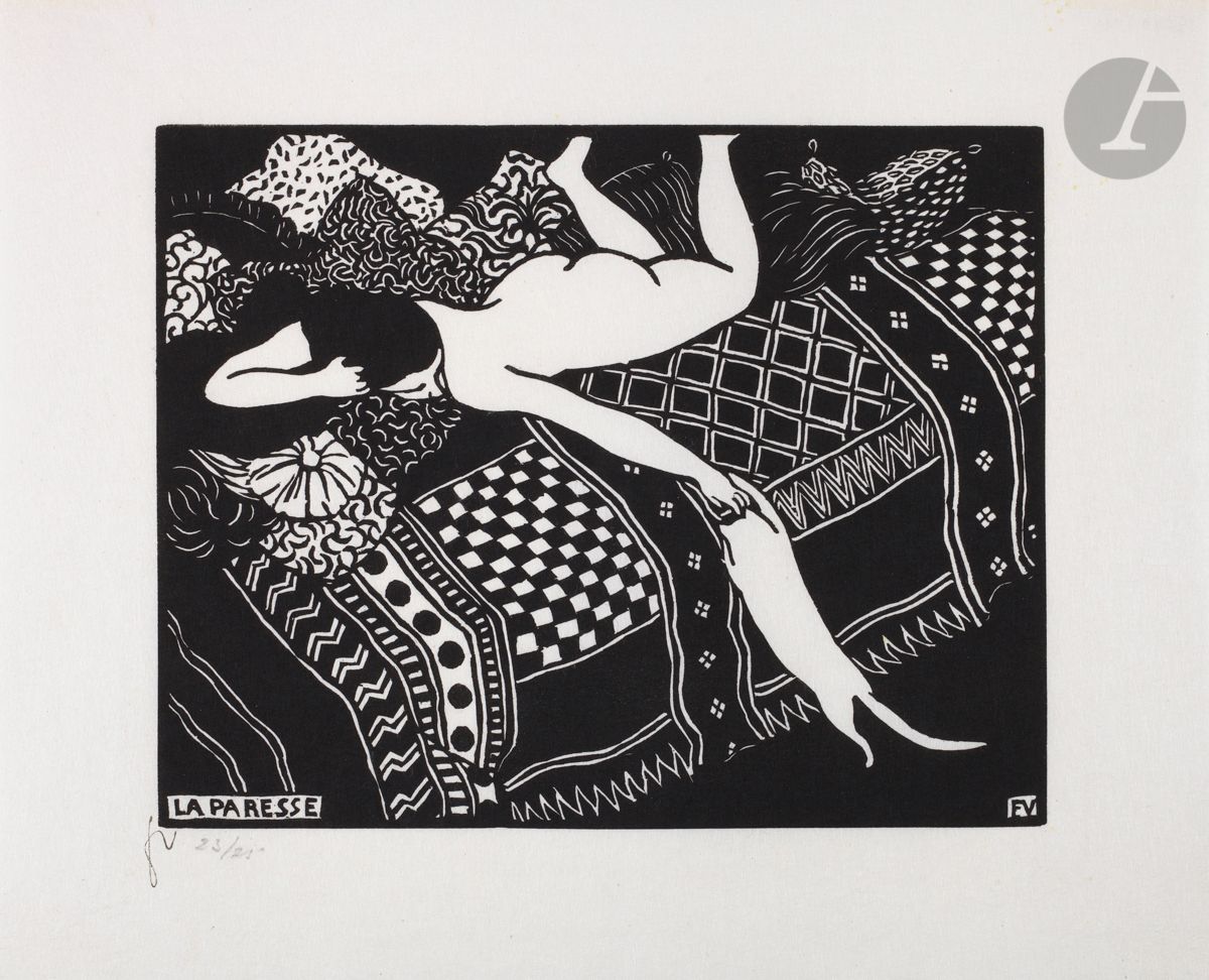 *FÉLIX VALLOTTON (1865-1925)
La Paresse. 1894. Bois gravé. 222 x 177 [310 x 252]. Vallotton et Goerg 169 c. Parfaite épreuve sur japon blanc, timbrée du monogramme (Lugt 1051a) et numérotée au crayon. Pli souple oblique imperceptible en marge gauche. Toutes marges. Tirage posthume à 25 épreuves. 


Tous les lots de cette vente sont soumis à 5,5 % de frais additionnels au titre de la taxe à l’importation temporaire.
En cas de réexportation en dehors de l’Union Européenne, ces frais pourront faire l’objet d’un remboursement à l’acquéreur.