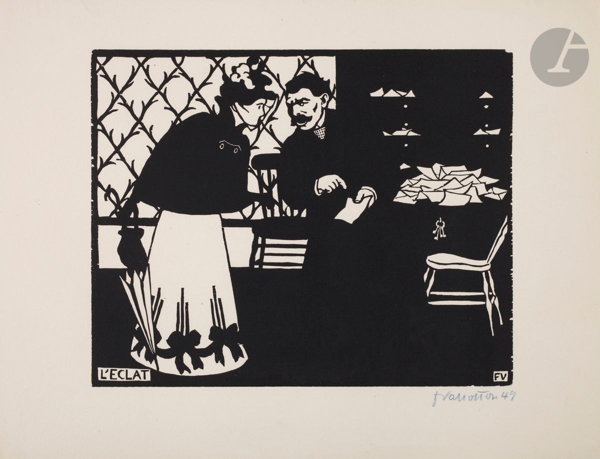 *FÉLIX VALLOTTON (1865-1925)
L’Éclat. 1898. Bois gravé. 225 x 180 [325 x 250]. Vallotton et Goerg 199 a. Très belle épreuve sur vélin crème, signée et numérotée au crayon bleu. Court pli cassé en marge inférieure. Infimes restes de montage en tête au verso. Toutes marges. Tirage à environ 100 épreuves. 


Tous les lots de cette vente sont soumis à 5,5 % de frais additionnels au titre de la taxe à l’importation temporaire.
En cas de réexportation en dehors de l’Union Européenne, ces frais pourront faire l’objet d’un remboursement à l’acquéreur.