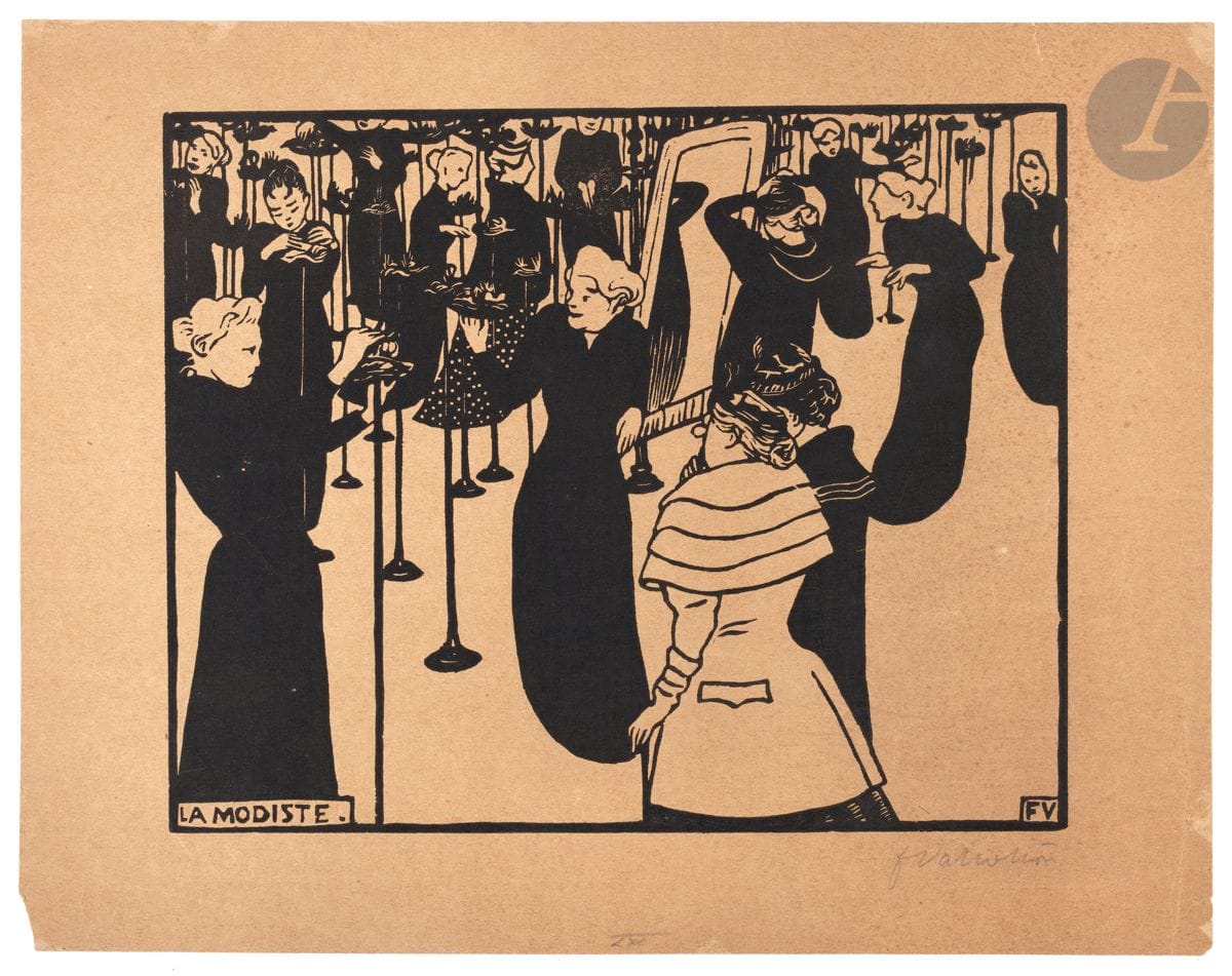 *FÉLIX VALLOTTON (1865-1925)
La Modiste. 1894. Bois gravé. 225 x 180 [297 x 230]. Vallotton et Goerg 138 a. Très belle épreuve sur vélin chamois, signée au crayon. Petit manque dans l’angle inférieur gauche. Semis de petites rousseurs au bord droit. Infime pli cassé dans la pelisse de la femme en blanc. Toutes marges. Tirage à environ 60 épreuves. 


Tous les lots de cette vente sont soumis à 5,5 % de frais additionnels au titre de la taxe à l’importation temporaire.
En cas de réexportation en dehors de l’Union Européenne, ces frais pourront faire l’objet d’un remboursement à l’acquéreur.