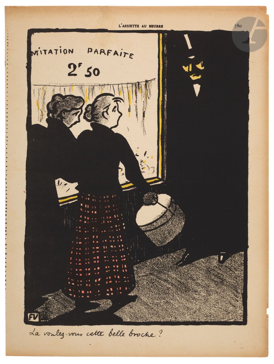 *FÉLIX VALLOTTON (1865-1925)
La voulez-vous cette belle broche ? (Pl. 23 pour L’Assiette au beurre, n° 48, 1er mars 1902). 1901. Lithographie. [240 x 325]. Vallotton et Goerg 78. Impression en couleurs. Bonne épreuve sur vélin mince. Léger empoussiérage et infimes manques aux bords du feuillet. Restes d’anciens onglets de montage au bord gauche au verso. Toutes marges.


Tous les lots de cette vente sont soumis à 5,5 % de frais additionnels au titre de la taxe à l’importation temporaire.
En cas de réexportation en dehors de l’Union Européenne, ces frais pourront faire l’objet d’un remboursement à l’acquéreur.