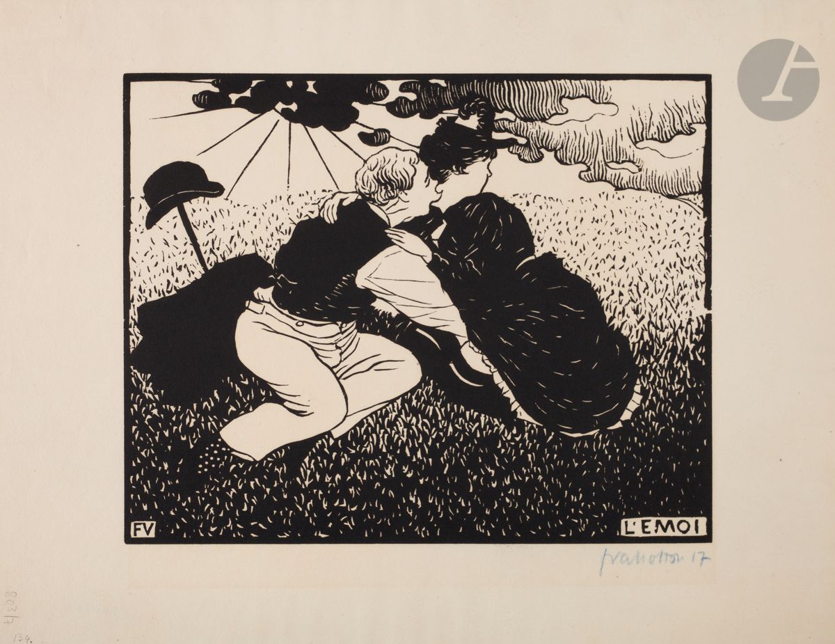 *FÉLIX VALLOTTON (1865-1925)
L’Émoi. 1894. Bois gravé. 225 x 180 [323 x 250]. Vallotton et Goerg 135 a. Très belle et fraîche épreuve sur vélin ivoire, signée et numérotée au crayon bleu. Petites ondulations en tête, causées par les onglets de montage au verso. Toutes marges. Tirage à 75 épreuves. 


Tous les lots de cette vente sont soumis à 5,5 % de frais additionnels au titre de la taxe à l’importation temporaire.
En cas de réexportation en dehors de l’Union Européenne, ces frais pourront faire l’objet d’un remboursement à l’acquéreur.