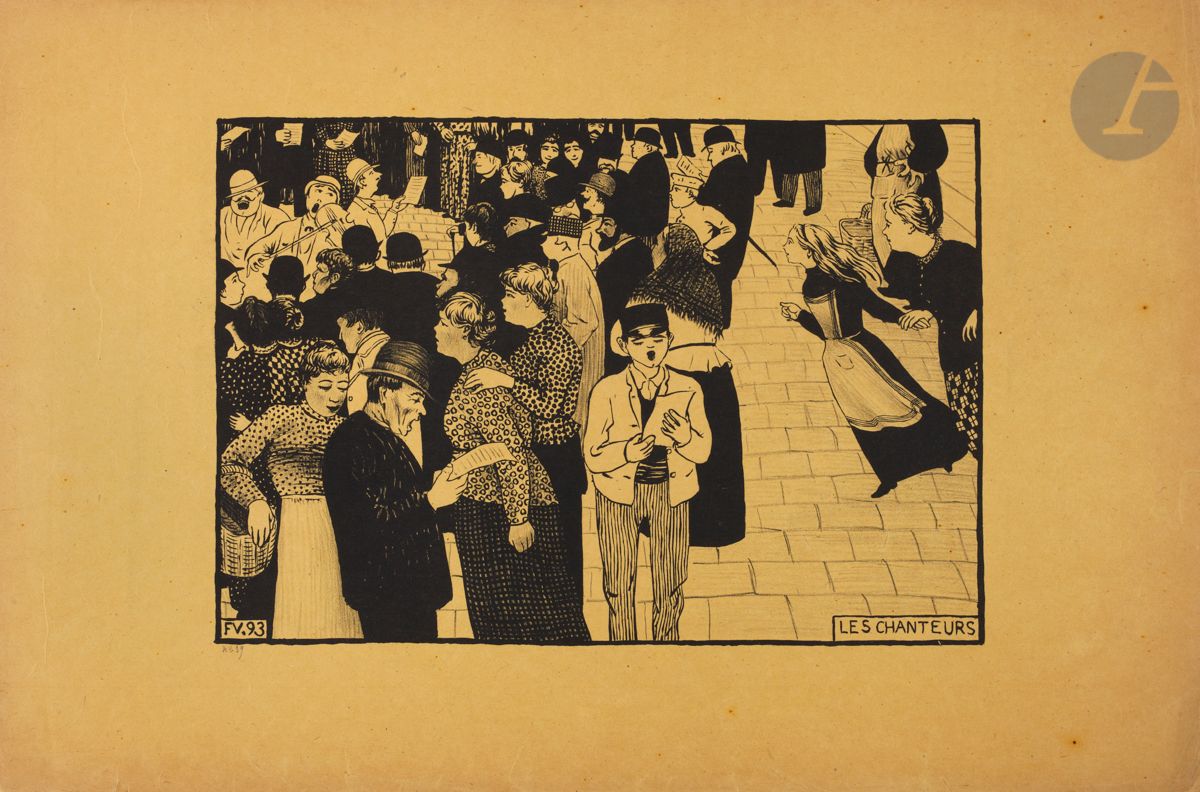 *FÉLIX VALLOTTON (1865-1925)
Les Chanteurs. (Pl. pour l’album Paris intense). 1893. Zincographie. 315 x 211 [500 x 328]. Vallotton et Goerg 46 b. Très belle épreuve sur vélin jaune safran, numérotée au crayon. Quelques rares points de rouille. Infimes accidents aux bords du feuillet. Toutes marges. Tirage à environ 100 épreuves.


Tous les lots de cette vente sont soumis à 5,5 % de frais additionnels au titre de la taxe à l’importation temporaire.
En cas de réexportation en dehors de l’Union Européenne, ces frais pourront faire l’objet d’un remboursement à l’acquéreur.