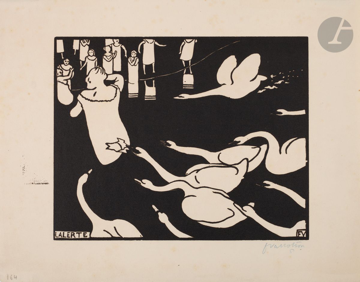 *FÉLIX VALLOTTON (1865-1925)
L’Alerte. 1895. Bois gravé. 222 x 177 [320 x 250]. Vallotton et Goerg 166 a. Très belle épreuve sur vélin ivoire, signée et numérotée au crayon bleu. Petite décharge d’encre au bord gauche. Légère bande d’oxydation au bord droit au verso. Très claires rousseurs (peu perceptibles). Toutes marges. Tirage à environ 100 épreuves. 


Tous les lots de cette vente sont soumis à 5,5 % de frais additionnels au titre de la taxe à l’importation temporaire.
En cas de réexportation en dehors de l’Union Européenne, ces frais pourront faire l’objet d’un remboursement à l’acquéreur.