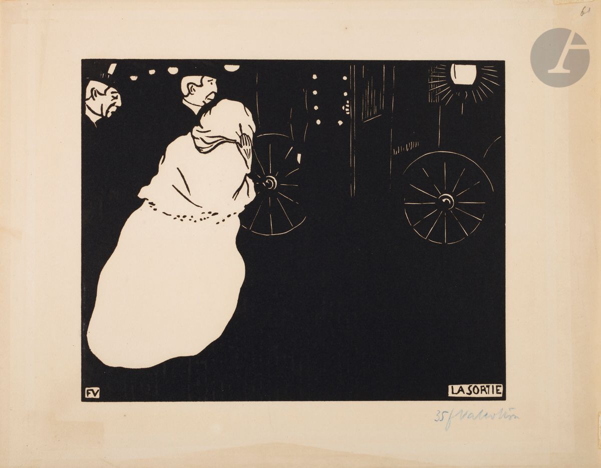 *FÉLIX VALLOTTON (1865-1925)
La Sortie. 1895. Bois gravé. 224 x 180 [320 x 250]. Vallotton et Goerg 162 a. Très belle épreuve sur vélin ivoire, numérotée et signée au crayon bleu. Petit numéro « 61 » au crayon dans l’angle supérieur droit du feuillet. Très fine déchirure oblique en haut à droite du feuillet, anciennement consolidée au verso. Minuscules traces d’adhésif oxydées (résidus d’anciens onglets de montage) en tête au recto. Traces claires d’oxydation marginales. Toutes marges. Tirage à environ 100 épreuves. 


Tous les lots de cette vente sont soumis à 5,5 % de frais additionnels au titre de la taxe à l’importation temporaire.
En cas de réexportation en dehors de l’Union Européenne, ces frais pourront faire l’objet d’un remboursement à l’acquéreur.