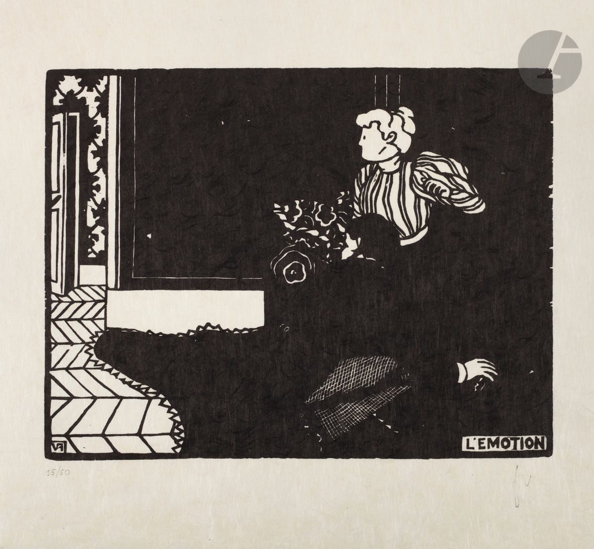 *FÉLIX VALLOTTON (1865-1925)
L’Émotion. 1898. Bois gravé. 225 x 175 [273 x 260]. Vallotton et Goerg 198 g. Parfaite épreuve sur japon blanc fibreux, numérotée au crayon et timbrée du monogramme (Lugt 1051a). Toutes marges. Tirage posthume à 50 épreuves. 


Tous les lots de cette vente sont soumis à 5,5 % de frais additionnels au titre de la taxe à l’importation temporaire.
En cas de réexportation en dehors de l’Union Européenne, ces frais pourront faire l’objet d’un remboursement à l’acquéreur.