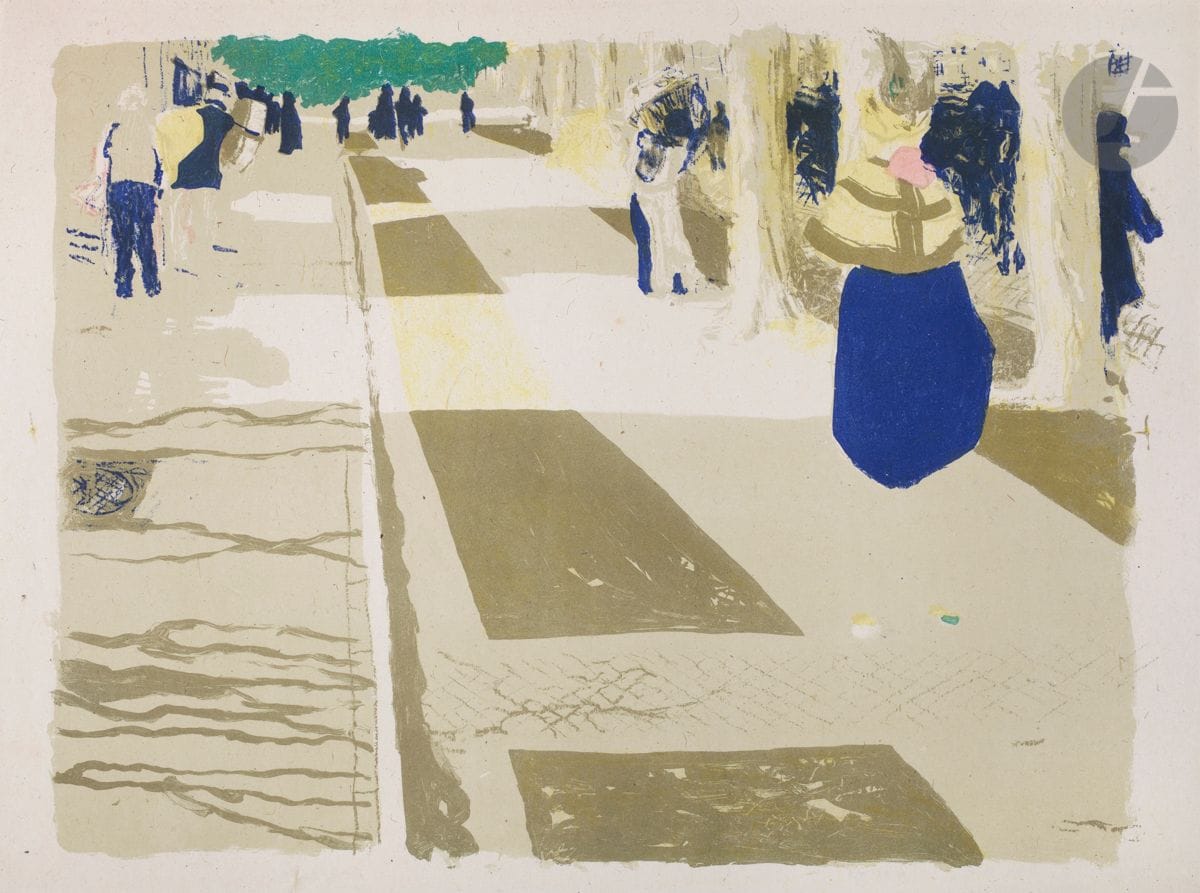 *Édouard Vuillard (1868-1940)
L’Avenue. (Pl. pour Paysages et intérieurs). 1899. Lithographie. 410 x 305 [450 x 335]. Roger-Marx 33 ; Johnson 155-2. Impression en couleurs. Très belle et fraîche épreuve sur chine volant. Toutes marges. Tirage à 100 épreuves. A. Vollard éd. 
« The art dealer and publisher Ambroise Vollard commissioned Vuillard, Denis, Bonnard and later Roussel to design twelve prints each. These loose-leaf albums, held together by a printed cover, were printed by Auguste Clot in an edition of one hundred. Vuillard probably began Paysages et Intérieurs as early as 1896, as emerges from the preserved designs. The suite, including the cover, consists of nine interiors and four land- or cityscapes. […]
Vuillard’s suite was first exhibited, along with those of Denis and Bonnard, in February 1899 at Vollard’s gallery […] Unfortunately, they were not a commercial success, and Vollard soon began to sell the prints separately. Vuillard, who in Paysages et Intérieurs achieves a synthesis of his previous styles, lost interest in lithography after the appearance of his album. This series therefore represents the apex of his graphic œuvre but also its conclusion. » (Fleur Roos Rosa de Carvalho, Marije Vellekop, Printmaking in Paris; The Rage for prints at the fin de siècle, Amsterdam, Van Gogh Museum, 2012, p. 107). 

Tous les lots de cette vente sont soumis à 5,5 % de frais additionnels au titre de la taxe à l’importation temporaire.
En cas de réexportation en dehors de l’Union Européenne, ces frais pourront faire l’objet d’un remboursement à l’acquéreur.