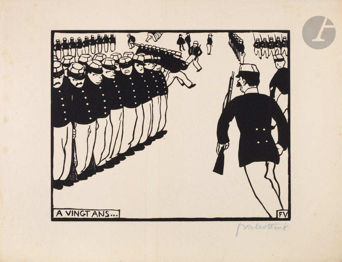 *FÉLIX VALLOTTON (1865-1925)
A vingt ans. 1894. Bois gravé. 225 x 180 [325 x 250]. Vallotton et Goerg 134 a. Très belle et fraîche épreuve sur vélin ivoire, signée et numérotée au crayon bleu. Quelques rares rousseurs claires, notamment au bord gauche. Au verso, deux petits restes d’onglets de montage oxydés. Toutes marges. Tirage à 75 épreuves. 


Tous les lots de cette vente sont soumis à 5,5 % de frais additionnels au titre de la taxe à l’importation temporaire.
En cas de réexportation en dehors de l’Union Européenne, ces frais pourront faire l’objet d’un remboursement à l’acquéreur.