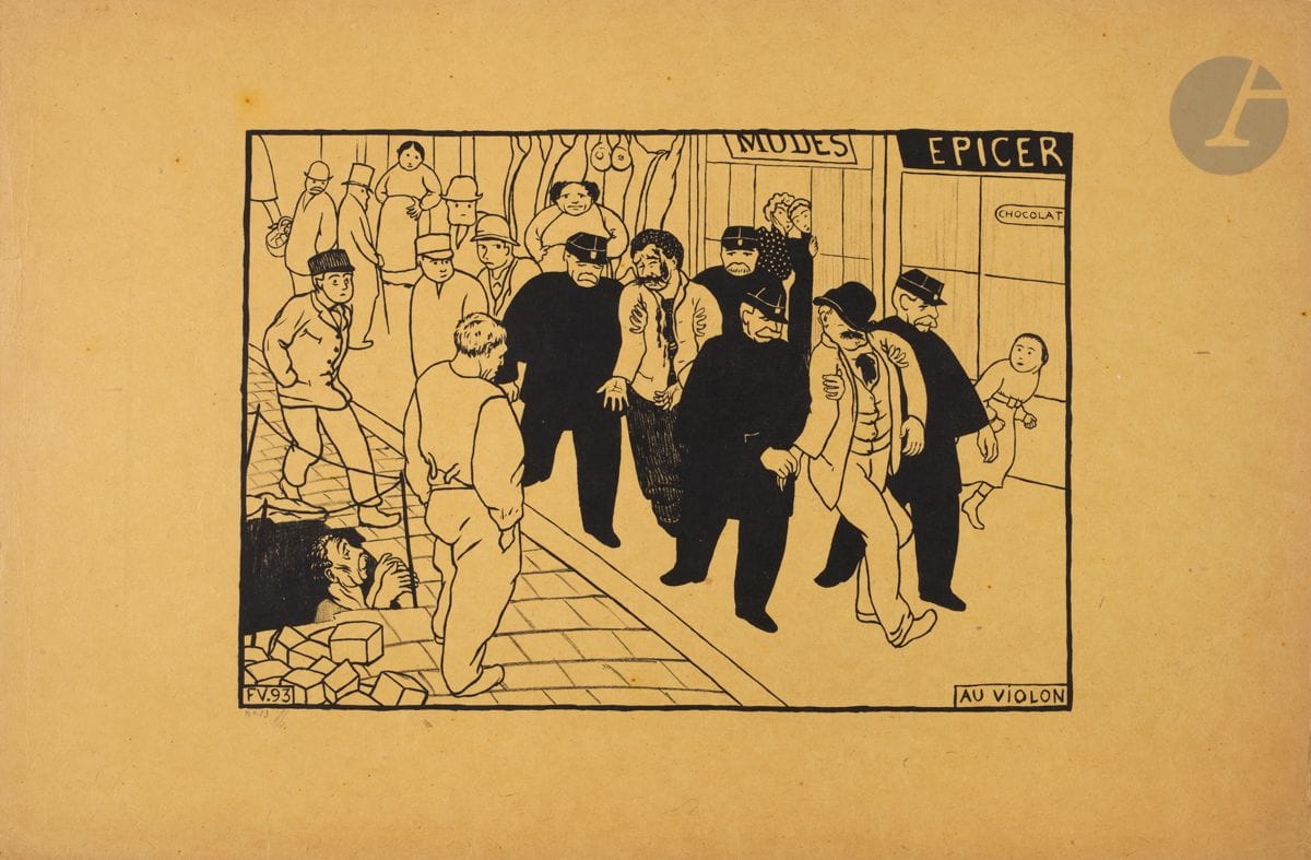 *FÉLIX VALLOTTON (1865-1925)
Au violon. (Pl. pour l’album Paris intense). 1893. Zincographie. 314 x 218 [495 x 327]. Vallotton et Goerg 47 b. Très belle épreuve sur vélin jaune safran, numérotée et revêtue du monogramme de l’éditeur Joly au crayon. Quelques rares points de rouille. Au verso, dans l’angle inférieur droit, timbre : « Se trouve chez l. joly / 19 Quai St-Michel. Paris ». Toutes marges. Tirage à environ 100 épreuves.


Tous les lots de cette vente sont soumis à 5,5 % de frais additionnels au titre de la taxe à l’importation temporaire.
En cas de réexportation en dehors de l’Union Européenne, ces frais pourront faire l’objet d’un remboursement à l’acquéreur.
