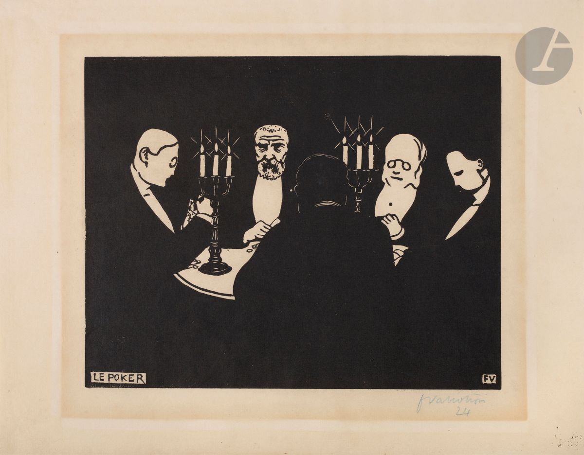 *FÉLIX VALLOTTON (1865-1925)
Le Poker. 1896. Bois gravé. 220 x 175 [315 x 245]. Vallotton et Goerg 170 a. Belle épreuve sur vélin ivoire, numérotée et signée au crayon bleu, très finement doublée sur japon pelure, avec plusieurs longues fines fractures restaurées, légèrement perceptibles dans le noir en haut à droite. Petite décharge d’encre noire dans l’angle inférieur droit. Forte oxydation autour du sujet, à l’ouverture d’un ancien passe-partout et traces d’oxydation marginales plus claires. Belles marges. Tirage à environ 80 épreuves. 


Tous les lots de cette vente sont soumis à 5,5 % de frais additionnels au titre de la taxe à l’importation temporaire.
En cas de réexportation en dehors de l’Union Européenne, ces frais pourront faire l’objet d’un remboursement à l’acquéreur.