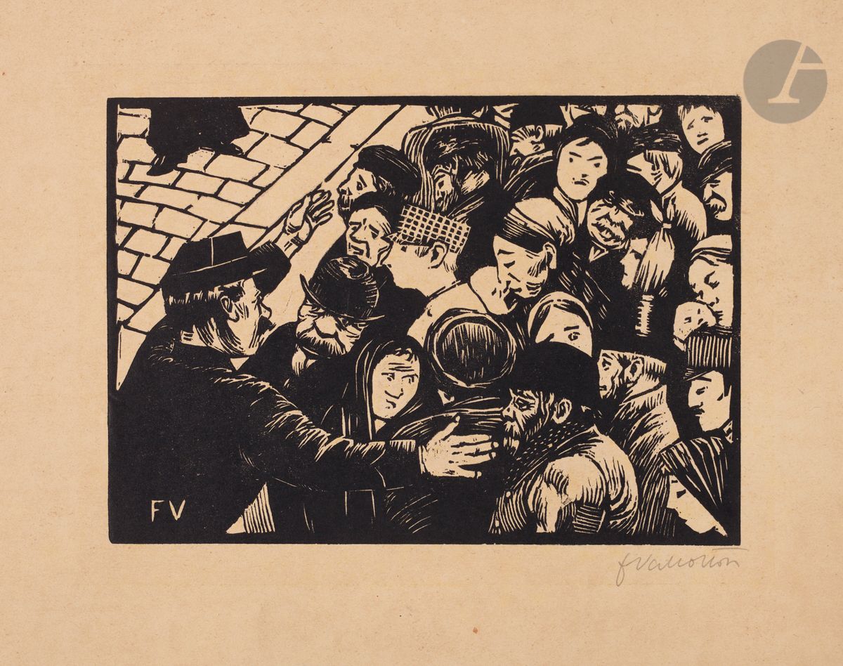 *FÉLIX VALLOTTON (1865-1925
)The Crowd in Paris. 1892. Engraved wood. 194 x 137 [320 x 247]. Vallotton and Goerg 91 a. Very nice proof on buff vellum, signed in pencil. Some rare marginal rust spots. All margins. Rare. Edition of about 20 proofs. Ex-coll. H. M. Petiet (Lugt 5031).


All lots in this sale are subject to an additional 5.5% temporary import tax.
In the event of re-exportation outside the European Union, these charges may be refunded to the buyer.





