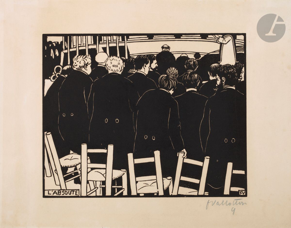 *FÉLIX VALLOTTON (1865-1925)
L’Absoute. 1894. Bois gravé. 222 x 180 [320 x 250]. Vallotton et Goerg 146 a. Très belle épreuve sur vélin ivoire, signée et numérotée au crayon bleu. Très claire trace d’oxydation du feuillet. Toutes marges. Tirage à 100 épreuves environ. 


Tous les lots de cette vente sont soumis à 5,5 % de frais additionnels au titre de la taxe à l’importation temporaire.
En cas de réexportation en dehors de l’Union Européenne, ces frais pourront faire l’objet d’un remboursement à l’acquéreur.