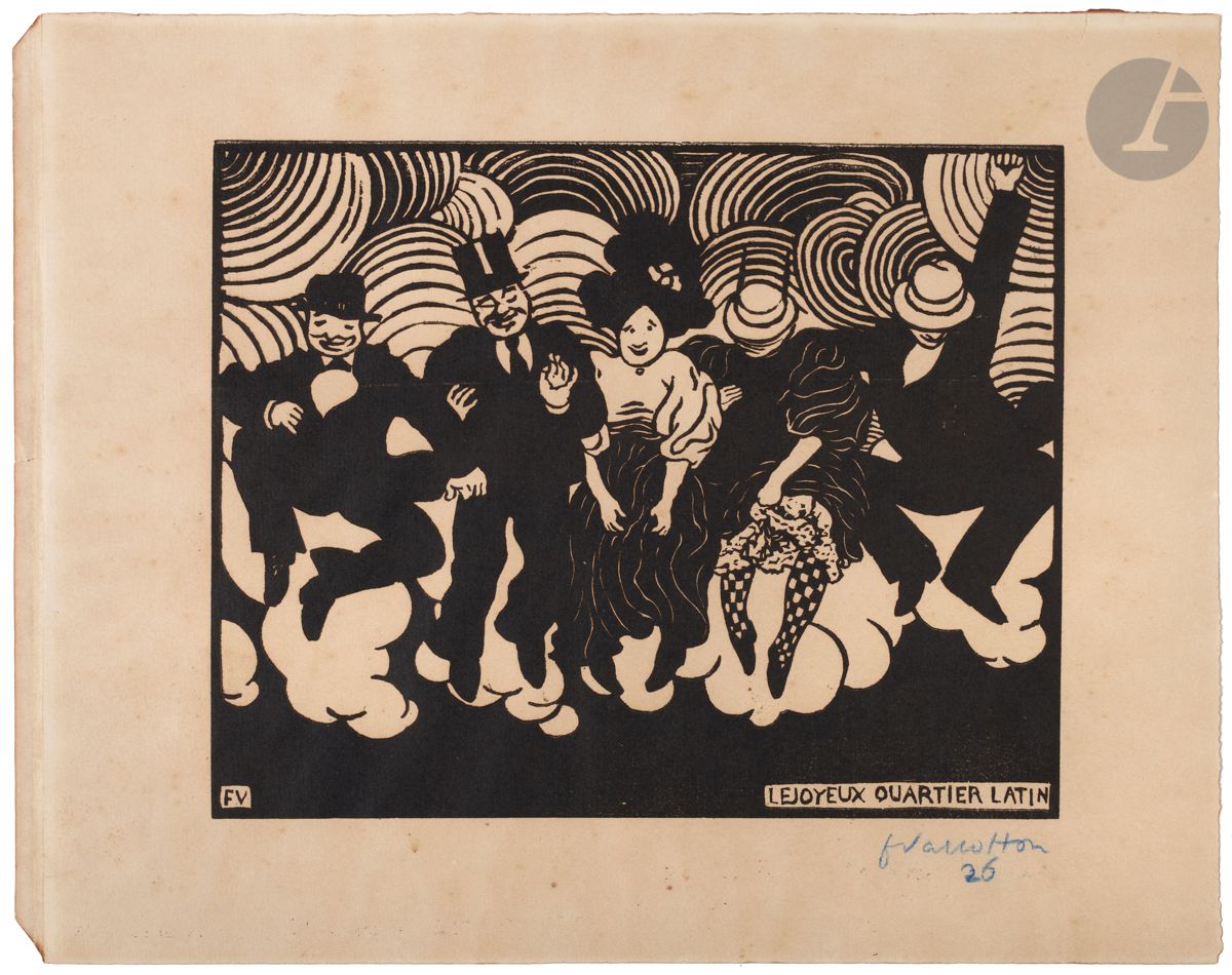 *FÉLIX VALLOTTON (1865-1925)
Le Joyeux Quartier Latin. 1895. Bois gravé. 223 x 180 [320 x 250]. Vallotton et Goerg 165 b. Bonne épreuve sur vélin ivoire, revêtue d’une signature et d’un numéro au crayon bleu (non garantis). Forte oxydation du feuillet, surtout au verso. Pli cassé vertical le long du bord gauche du feuillet. Les angles inférieur et supérieur gauche abattus. Toutes marges. 


Tous les lots de cette vente sont soumis à 5,5 % de frais additionnels au titre de la taxe à l’importation temporaire.
En cas de réexportation en dehors de l’Union Européenne, ces frais pourront faire l’objet d’un remboursement à l’acquéreur.