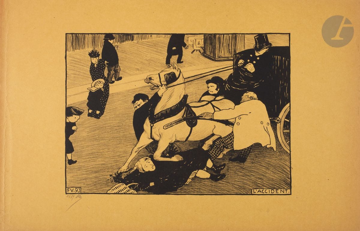 *FÉLIX VALLOTTON (1865-1925)
L’Accident. (Pl. pour l’album Paris intense). 1893. Zincographie. 310 x 220 [500 x 325]. Vallotton et Goerg 50 b. Très belle épreuve sur vélin jaune safran, numérotée et revêtue du monogramme de l’éditeur Joly au crayon. Pli cassé le long du bord gauche du feuillet. Toutes marges. Tirage à environ 100 épreuves.


Tous les lots de cette vente sont soumis à 5,5 % de frais additionnels au titre de la taxe à l’importation temporaire.
En cas de réexportation en dehors de l’Union Européenne, ces frais pourront faire l’objet d’un remboursement à l’acquéreur.