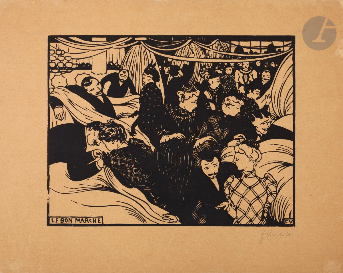 *FÉLIX VALLOTTON (1865-1925)
Le Bon Marché. 1893. Bois gravé. 260 x 200 [366 x 292]. Vallotton et Goerg 116 a. Très belle épreuve sur vélin chamois, signée au crayon. Fine bande d’onglet de montage en tête au verso. Petit accroc au centre en tête. Toutes marges. Tirage à environ 50 épreuves. 


Tous les lots de cette vente sont soumis à 5,5 % de frais additionnels au titre de la taxe à l’importation temporaire.
En cas de réexportation en dehors de l’Union Européenne, ces frais pourront faire l’objet d’un remboursement à l’acquéreur.