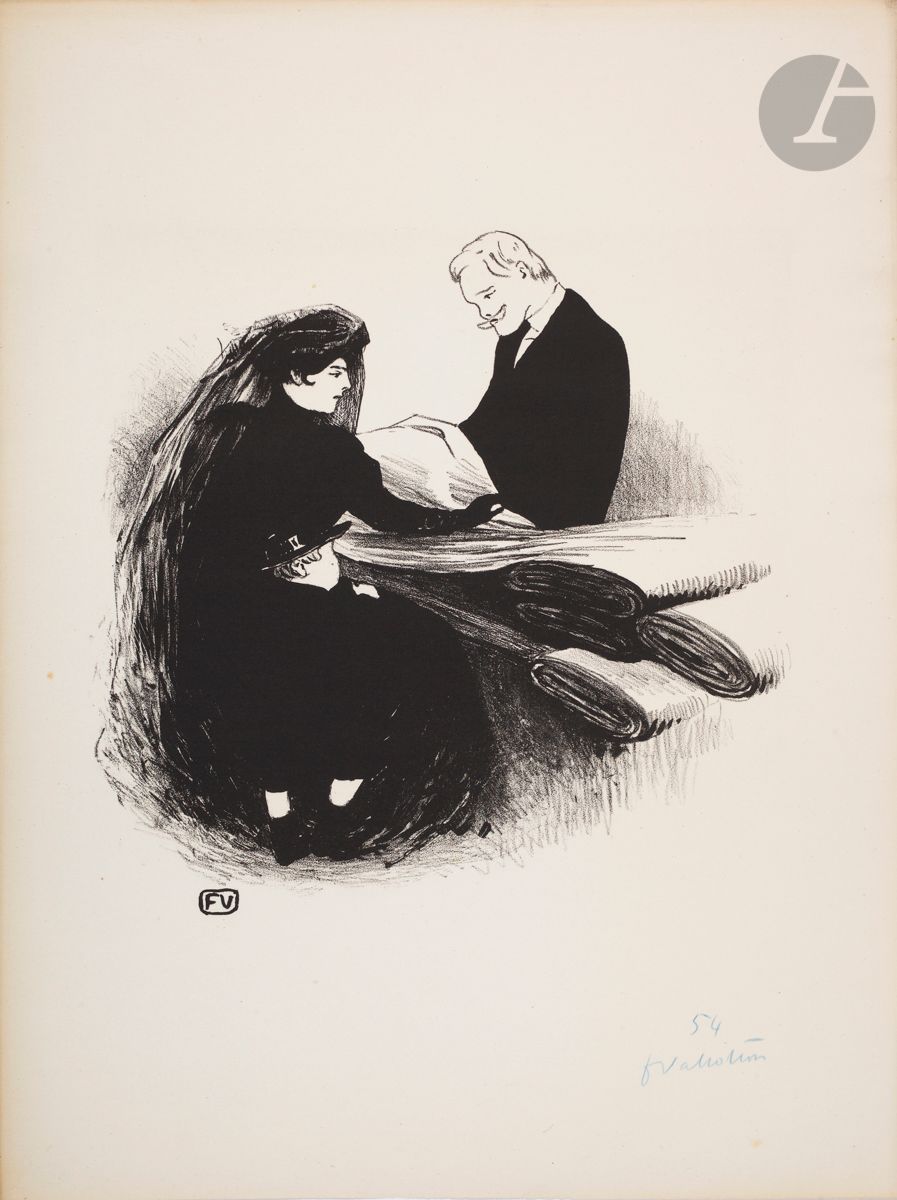 *FÉLIX VALLOTTON (1865-1925
)Last novelty. 1893. Lithograph. 218 x 215 [280 x 380]. Vallotton and Goerg 44. Very nice proof on glazed vellum, signed and numbered in blue pencil. Minor dusting or oxidation at the edges of the sheet. All margins. Edition of 100 proofs. Ex-coll. H. M. Petiet (Lugt 5031).
Plate reproduced in L'Escarmouche, n° 8, December 31, 1893. 

All lots in this sale are subject to an additional 5.5% temporary import tax.
In the event of re-exportation outside the European Union, these charges may be refunded to the buyer.




