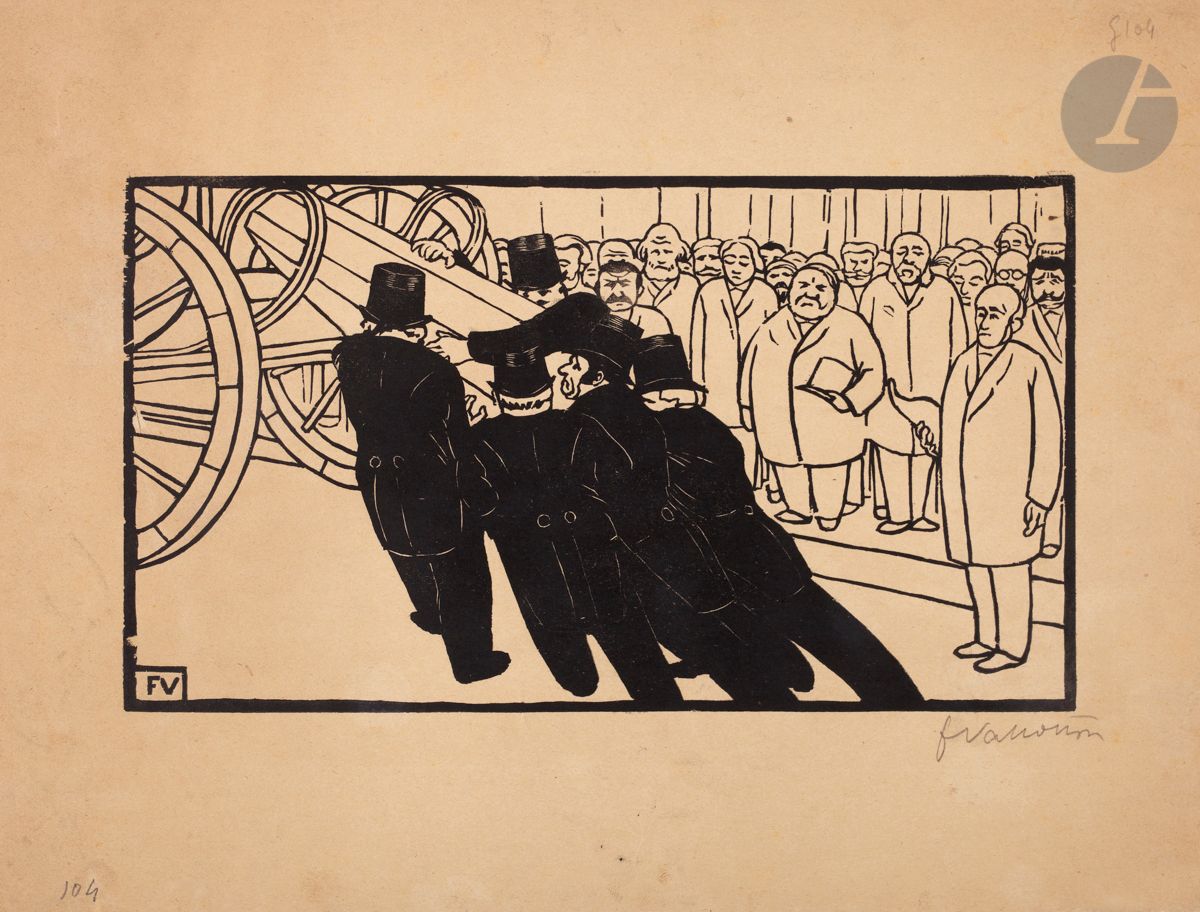 *FÉLIX VALLOTTON (1865-1925)
Les Nécrophores. 1892. Bois gravé. 252 x 142 [326 x 247]. Vallotton et Goerg 106 a. Très belle épreuve sur vélin chamois, signée au crayon. Courts plis dans l’angle inférieur droit. Rousseurs claires. Petites déchirures au bord gauche au verso, anciennement restaurées. Toutes marges. Tirage à environ 50 épreuves. Ex-coll. H. M. Petiet (Lugt 5031). 


Tous les lots de cette vente sont soumis à 5,5 % de frais additionnels au titre de la taxe à l’importation temporaire.
En cas de réexportation en dehors de l’Union Européenne, ces frais pourront faire l’objet d’un remboursement à l’acquéreur.