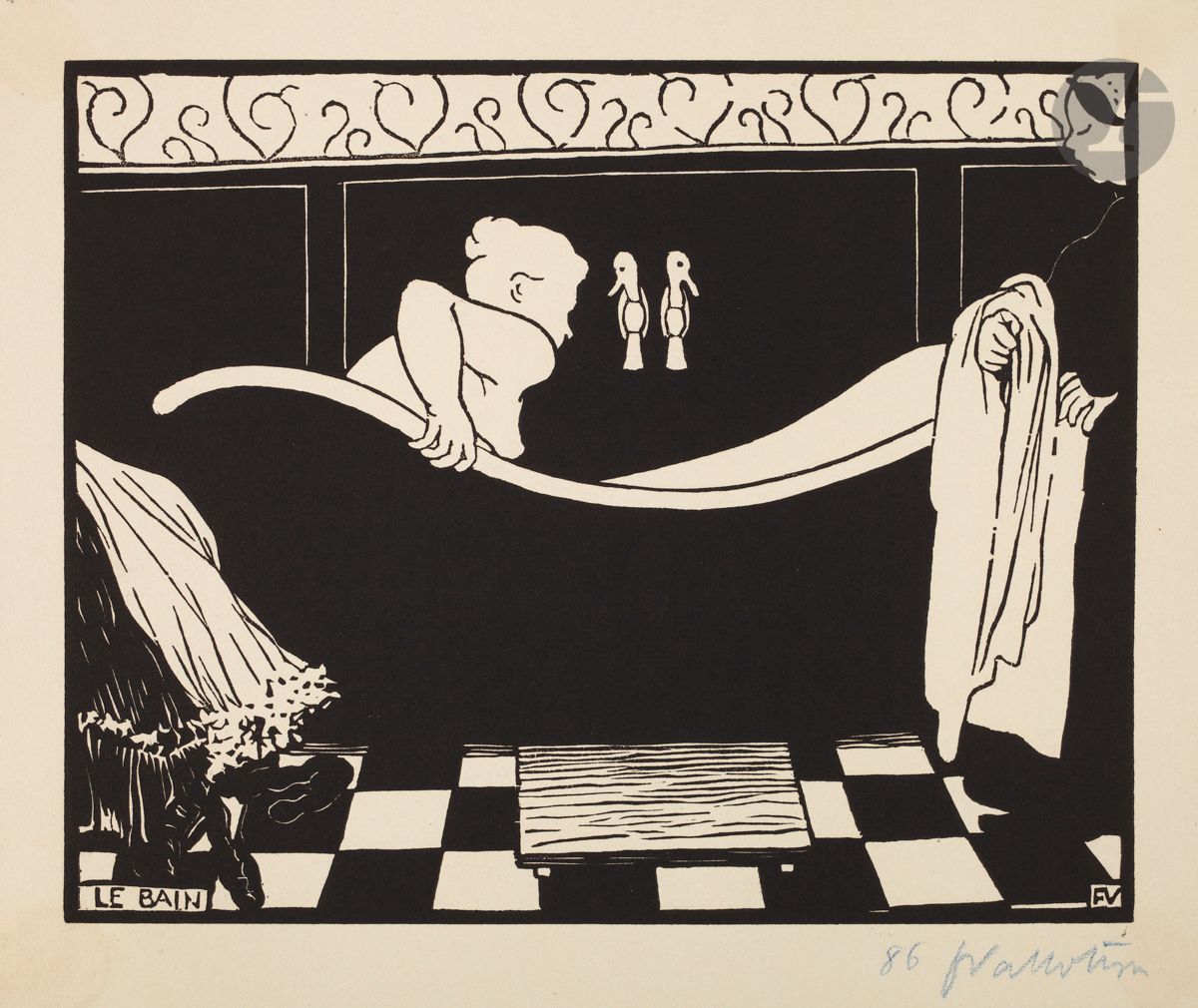 *FÉLIX VALLOTTON (1865-1925)
Le Bain. 1894. Bois gravé. 225 x 180 [500 x 325]. Vallotton et Goerg 148 a. Très belle et fraîche épreuve sur vélin blanc, numérotée et signée au crayon bleu, collée par les angles sur le support de vélin jaune moutarde de l’édition, portant le timbre sec (Lugt 819). Petites traces d’épidermure ou d’oxydation en tête et au bord gauche, à l’emplacement d’anciens onglets de montage. Infimes plis cassés aux bords, notamment dans l’angle supérieur droit. Toutes marges. Tirage à 100 épreuves. Édition de L’Estampe originale. 


Tous les lots de cette vente sont soumis à 5,5 % de frais additionnels au titre de la taxe à l’importation temporaire.
En cas de réexportation en dehors de l’Union Européenne, ces frais pourront faire l’objet d’un remboursement à l’acquéreur.