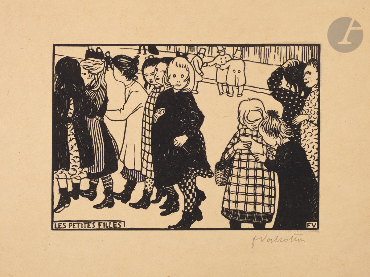 
*FÉLIX VALLOTTON (1865-1925)



Les Petites filles. 1893. Bois gravé. 200 x 142 [325 x 258]. Vallotton et Goerg 129 a. Très belle épreuve sur vélin ivoire, signée au crayon. Infimes rousseurs et ondulations au bord droit. Déchirure de 15 mm au bord droit. Infime manque dans l’angle supérieur gauche. Au verso, dans l’angle inférieur droit, timbre : « Se trouve chez l. joly / 19 Quai St-Michel. Paris ». Toutes marges. Tirage à environ 60 épreuves. 







Tous les lots de cette vente sont soumis à 5,5 % de frais additionnels au titre de la taxe à l’importation temporaire.



En cas de réexportation en dehors de l’Union Européenne, ces frais pourront faire l’objet d’un remboursement à l’acquéreur.
