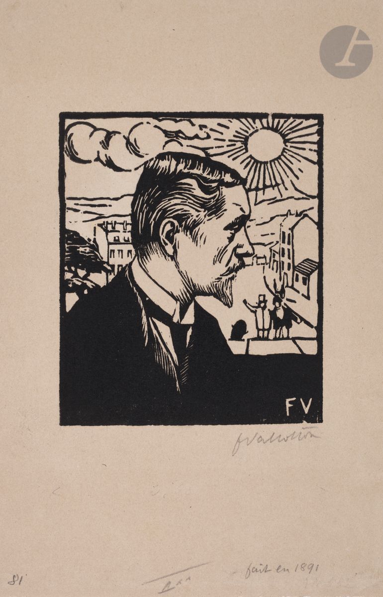 *FÉLIX VALLOTTON (1865-1925)
Portrait de l’artiste. 1891. Bois gravé. 106 x 130 [162 x 253]. Vallotton et Goerg 82 a. Très belle et rare épreuve sur vélin chamois, signée au crayon puis annotée en pied « fait en 1891 ». Numéro 28 au crayon bleu dans l’angle supérieur gauche au verso. Toutes marges. Ex-coll. H. M. Petiet (Lugt 5031). 
Ce sujet ainsi que quelques autres a servi à illustrer un article d’Octave Uzanne consacré à Vallotton intitulé « La renaissance de la gravure sur bois ; un néo-xylographe » paru dans L’Art et l’Idée, n° 2, 20 février 1892. Les épreuves en-dehors de ce tirage à nombre, telle que la nôtre, sont rares. 

Tous les lots de cette vente sont soumis à 5,5 % de frais additionnels au titre de la taxe à l’importation temporaire.
En cas de réexportation en dehors de l’Union Européenne, ces frais pourront faire l’objet d’un remboursement à l’acquéreur.