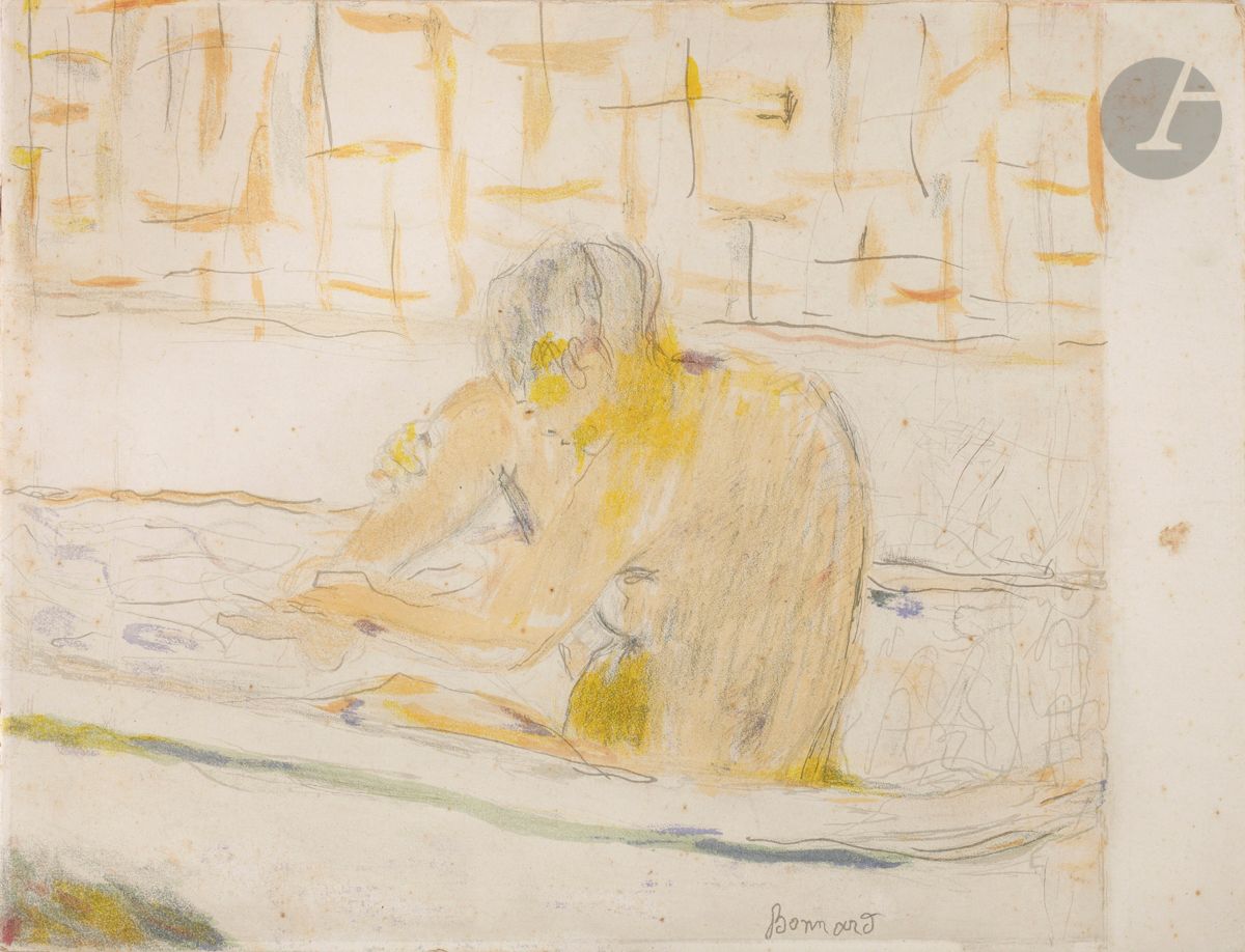 *PIERRE BONNARD (1867-1947)
Femme assise dans sa baignoire. 1942. Lithographie. Fascicule [327 x 252]. Bouvet 115. Impression en couleurs. Couverture du programme pour la « Grande Soirée Maurice Chevalier » du vendredi 14 août 1942 aux Ambassadeurs à Cannes. Double feuillet de texte typographié. Menues rousseurs et restes d’adhésif aux bords du feuillet au 4e plat. 


Tous les lots de cette vente sont soumis à 5,5 % de frais additionnels au titre de la taxe à l’importation temporaire.
En cas de réexportation en dehors de l’Union Européenne, ces frais pourront faire l’objet d’un remboursement à l’acquéreur.