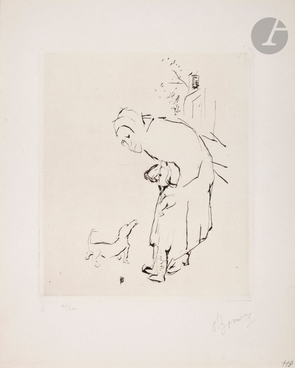 *PIERRE BONNARD (1867-1947)
La Vieille femme, l’enfant et le basset. 1927. Pointe sèche. 158 x 190 [223 x 280]. Bouvet 104. Parfaite épreuve sur vélin blanc fort, numérotée et signée au crayon. Annotation au crayon dans l’angle inférieur droit du feuillet : « HP ». Toutes marges. Tirage à 100 épreuves pour L’Art d’aujourd’hui, A. Morancé éd. Ex-coll. H. M. Petiet (Lugt 5031).


Tous les lots de cette vente sont soumis à 5,5 % de frais additionnels au titre de la taxe à l’importation temporaire.
En cas de réexportation en dehors de l’Union Européenne, ces frais pourront faire l’objet d’un remboursement à l’acquéreur.