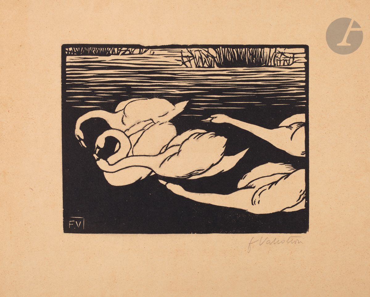*FÉLIX VALLOTTON (1865-1925)
Les Cygnes. 1892. Bois gravé. 175 x 132 [324 x 250]. Vallotton et Goerg 100 a. Très belle épreuve sur vélin chamois, signée au crayon. Une courte déchirure au bord droit, anciennement consolidée au verso. Petit arrachement dans l’angle inférieur gauche. Petite trace d’oxydation dans l’angle inférieur droit. Restes de colle et de papier gommé en tête au verso. Toutes marges. Tirage à environ 100 épreuves. 


Tous les lots de cette vente sont soumis à 5,5 % de frais additionnels au titre de la taxe à l’importation temporaire.
En cas de réexportation en dehors de l’Union Européenne, ces frais pourront faire l’objet d’un remboursement à l’acquéreur.