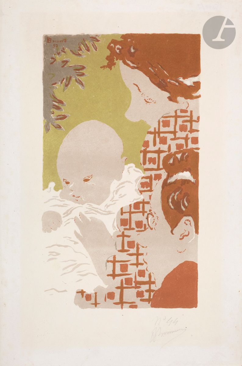 *PIERRE BONNARD (1867-1947
)Family scene (in height). 1893. Lithograph. 175 x 310 [275 x 425]. Bouvet 4. Printed in colors. Beautiful proof on white vellum, numbered and signed in pencil, carefully washed, with very clear trace of persistent oxidation. Mounting tabs at the left edge on the reverse. Nice margins (reduced, without the dry stamp of the publication). Edition of 100 proofs for L'Estampe originale. 

All lots in this sale are subject to an additional 5.5% temporary import tax.
In the event of re-exportation outside the European Union, these charges may be refunded to the buyer.



