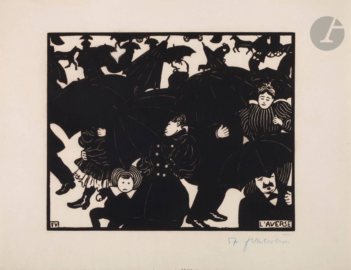 *FÉLIX VALLOTTON (1865-1925)
L’Averse. 1894. Bois gravé. 223 x 180 [320 x 250]. Vallotton et Goerg 149 a. Très belle épreuve sur vélin crème, numérotée et signée au crayon bleu. Petites traces brillantes dans les noirs en surface (liées à la qualité de l’encre), avec petit effet « sale » dans l’un des blancs de la partie supérieure du sujet. Offset d’une autre épreuve au verso, créant un effet de « décalque » brun-roux. Un infime trou visible au centre par transparence. Restes d’onglets de montage en tête au verso. Toutes marges. Tirage à environ 60 épreuves.


Tous les lots de cette vente sont soumis à 5,5 % de frais additionnels au titre de la taxe à l’importation temporaire.
En cas de réexportation en dehors de l’Union Européenne, ces frais pourront faire l’objet d’un remboursement à l’acquéreur.