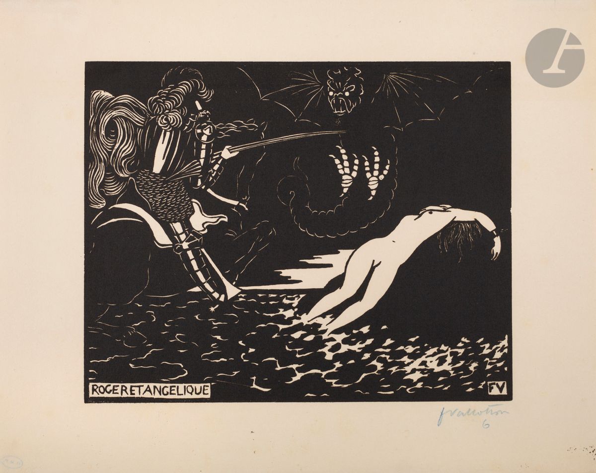 *FÉLIX VALLOTTON (1865-1925
)Roger and Angélique. 1896. Woodcut. 222 x 177 [320 x 255]. Vallotton and Goerg 168. Very nice proof on ivory vellum, signed and numbered in blue pencil. Small ink discharges in the lower right corner of the folio and in the center at the foot. Remains of mounting tabs at the head on the reverse. All margins. Edition of approximately 100 proofs. Ex-coll. H. M. Petiet (Lugt 5031). 


All lots in this sale are subject to an additional 5.5% temporary import tax.
In the event of re-exportation outside the European Union, these charges may be refunded to the buyer.




