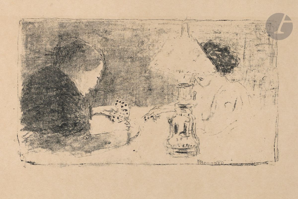 *PIERRE BONNARD (1867-1947)
La Partie de cartes sous la lampe. 1895. Lithographie. 238 x 132 [362 x 262]. Bouvet 35 ; A. et A. Bonafous-Murat 283. Très belle épreuve sur vélin glacé ivoire, numérotée au composteur au verso, non signée. Trace claire d’oxydation autour du sujet. Tirage pour L’Épreuve Album d’art, n° 9-10, août-septembre 1895, M. Dumont éd. 


Tous les lots de cette vente sont soumis à 5,5 % de frais additionnels au titre de la taxe à l’importation temporaire.
En cas de réexportation en dehors de l’Union Européenne, ces frais pourront faire l’objet d’un remboursement à l’acquéreur.
