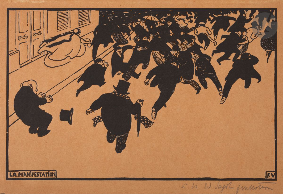 *FÉLIX VALLOTTON (1865-1925)
La Manifestation. 1893. Bois gravé. 320 x 202 [338 x 230]. Vallotton et Goerg 110 a. Belle épreuve sur vélin chamois, dédicacée « à Mr Ed. Sagot » et signée au crayon. Rousseurs claires au bord gauche au verso. Marges légèrement réduites. Tirage définitif à 100 épreuves. Pl. éditée par L’Estampe originale, 1re livraison, 1re année, janvier-mars 1893 (sans le support de vélin blanc fort portant le timbre sec de la publication). 


Tous les lots de cette vente sont soumis à 5,5 % de frais additionnels au titre de la taxe à l’importation temporaire.
En cas de réexportation en dehors de l’Union Européenne, ces frais pourront faire l’objet d’un remboursement à l’acquéreur.