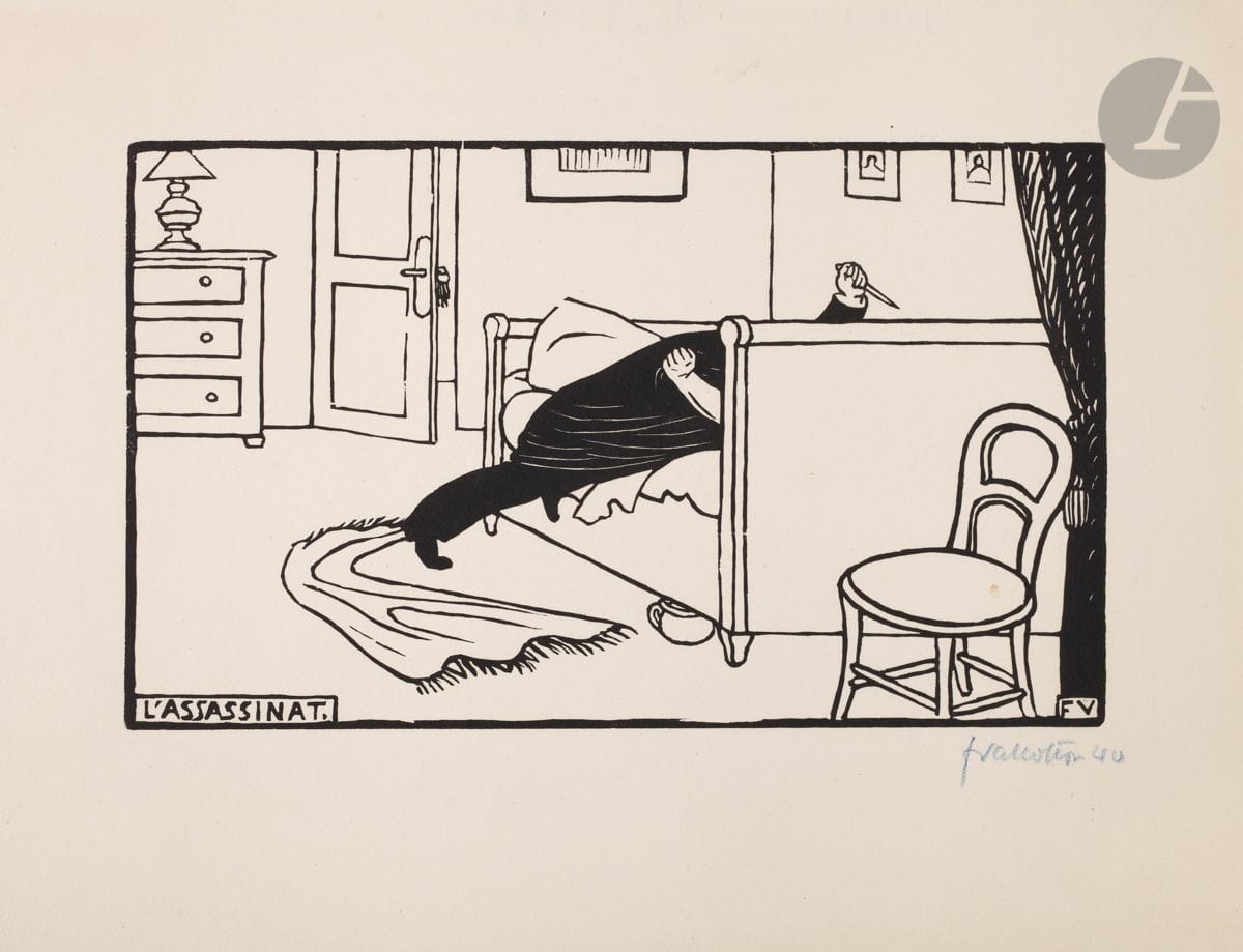 *FÉLIX VALLOTTON (1865-1925)
L’Assassinat. 1893. Bois gravé. 245 x 146 [323 x 250]. Vallotton et Goerg 113. Très belle et fraîche épreuve sur vélin ivoire, signée et numérotée au crayon bleu. Infime tache dans la chaise. Toutes marges. Tirage à 75 épreuves. 


Tous les lots de cette vente sont soumis à 5,5 % de frais additionnels au titre de la taxe à l’importation temporaire.
En cas de réexportation en dehors de l’Union Européenne, ces frais pourront faire l’objet d’un remboursement à l’acquéreur.